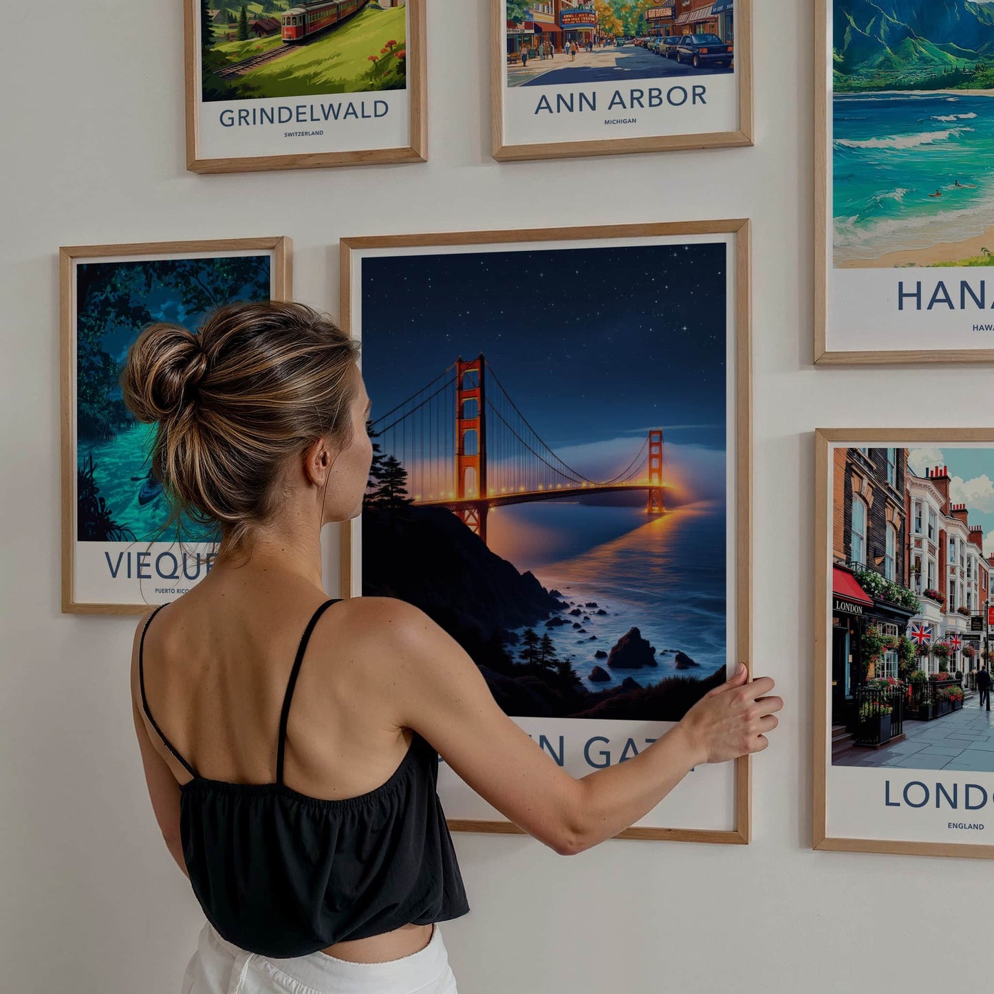 Golden Gate Bridge Poster - California Travel Art - Starry Night Lights Wall Decor