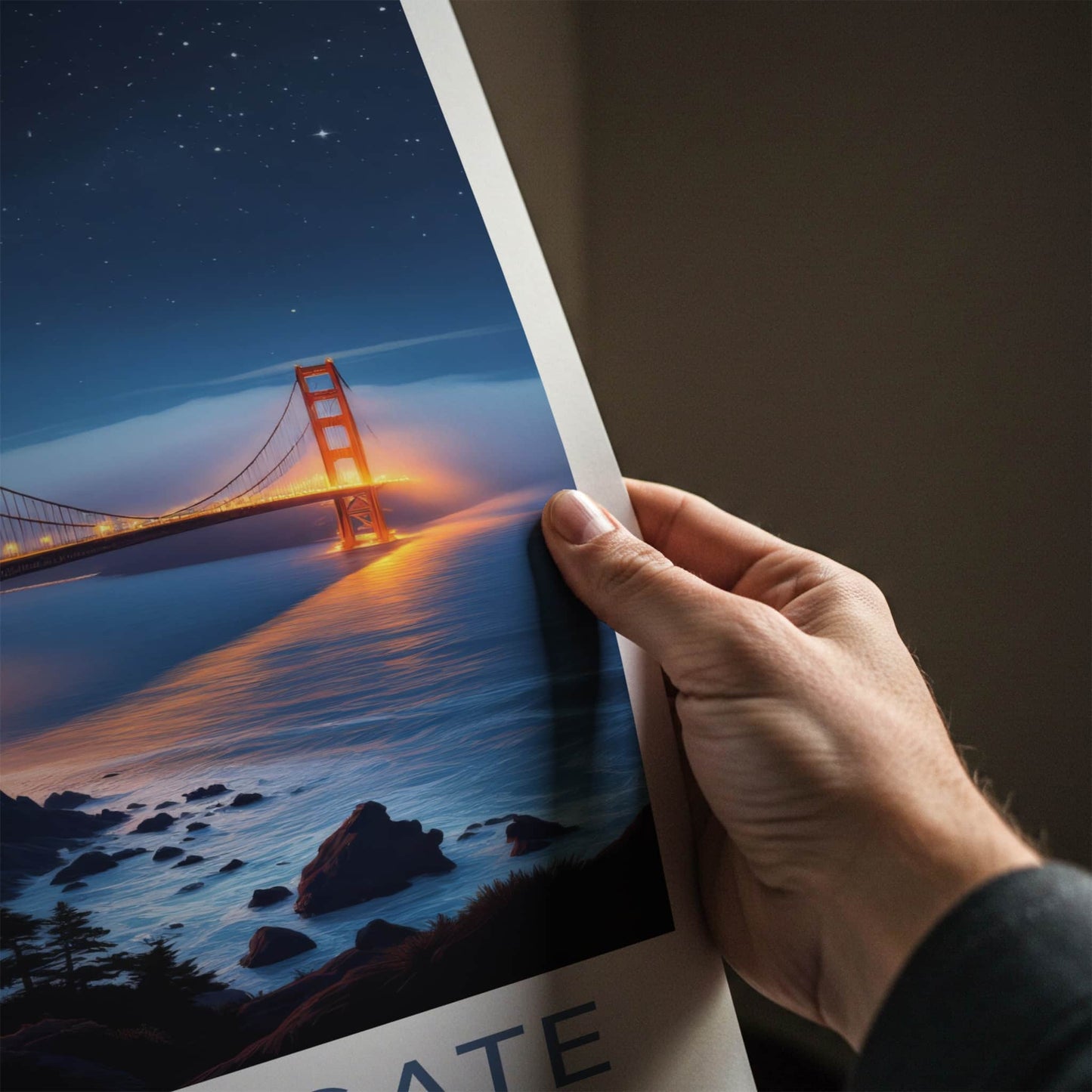 Golden Gate Bridge Poster - California Travel Art - Starry Night Lights Wall Decor