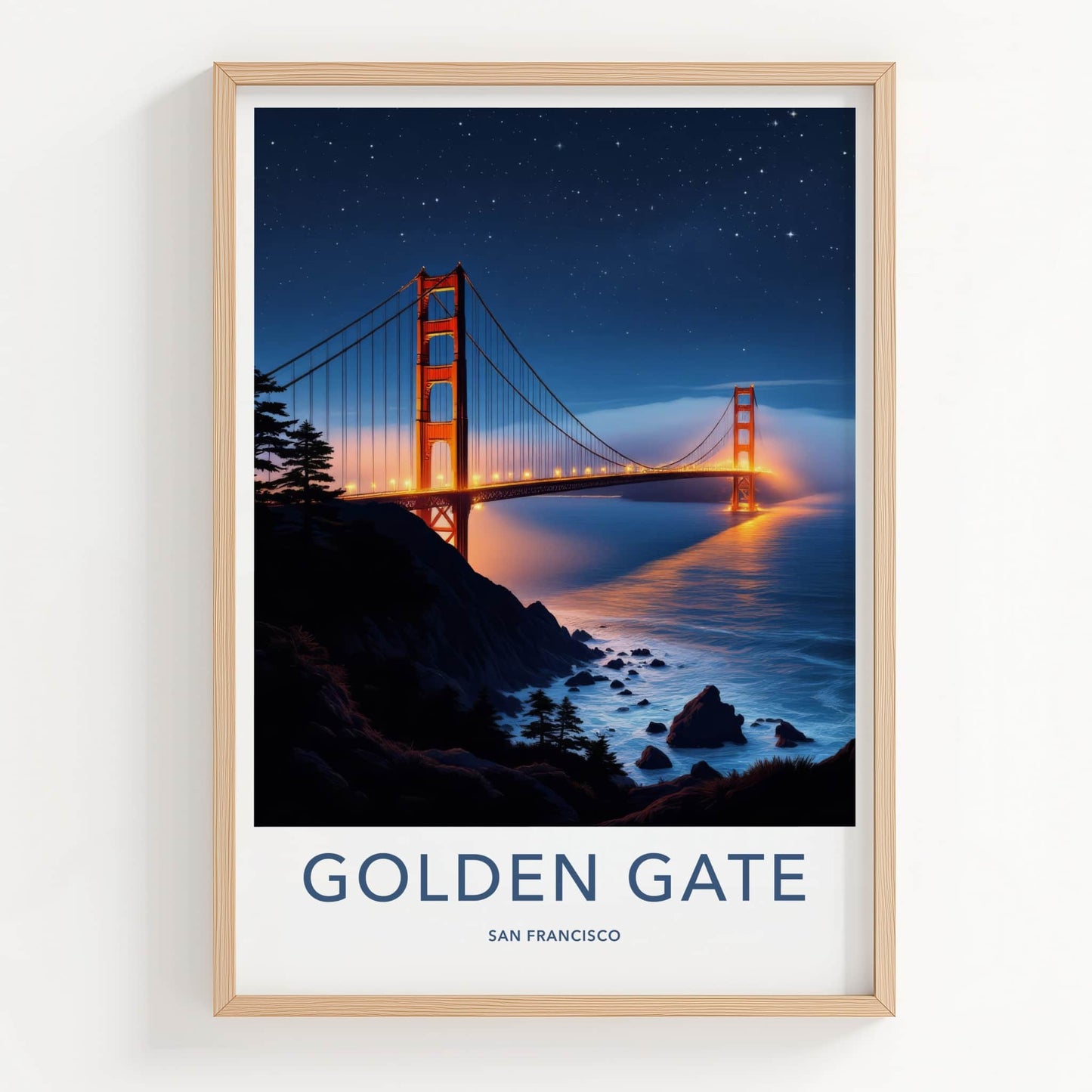Golden Gate Bridge Poster - California Travel Art - Starry Night Lights Wall Decor
