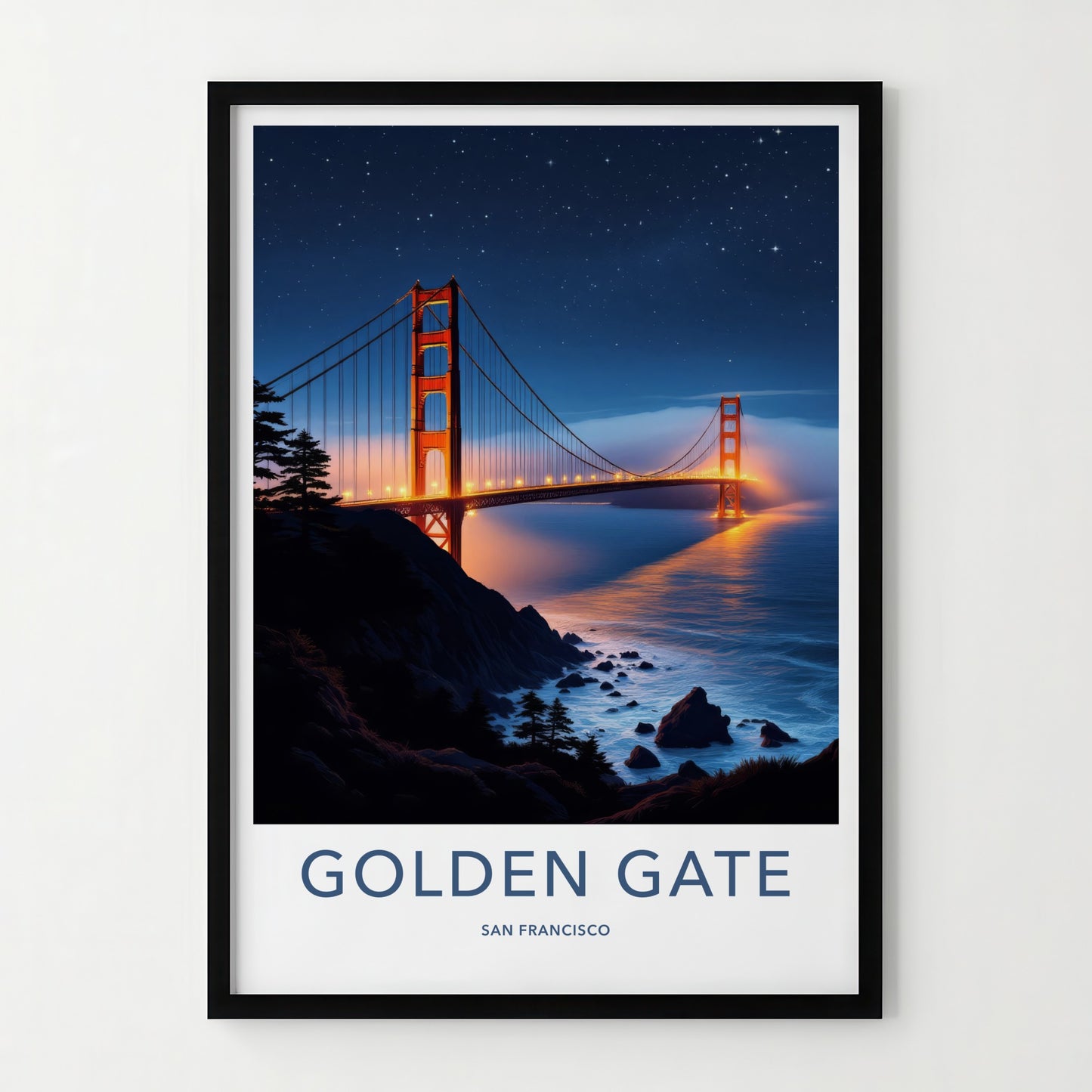 Golden Gate Bridge Poster - California Travel Art - Starry Night Lights Wall Decor