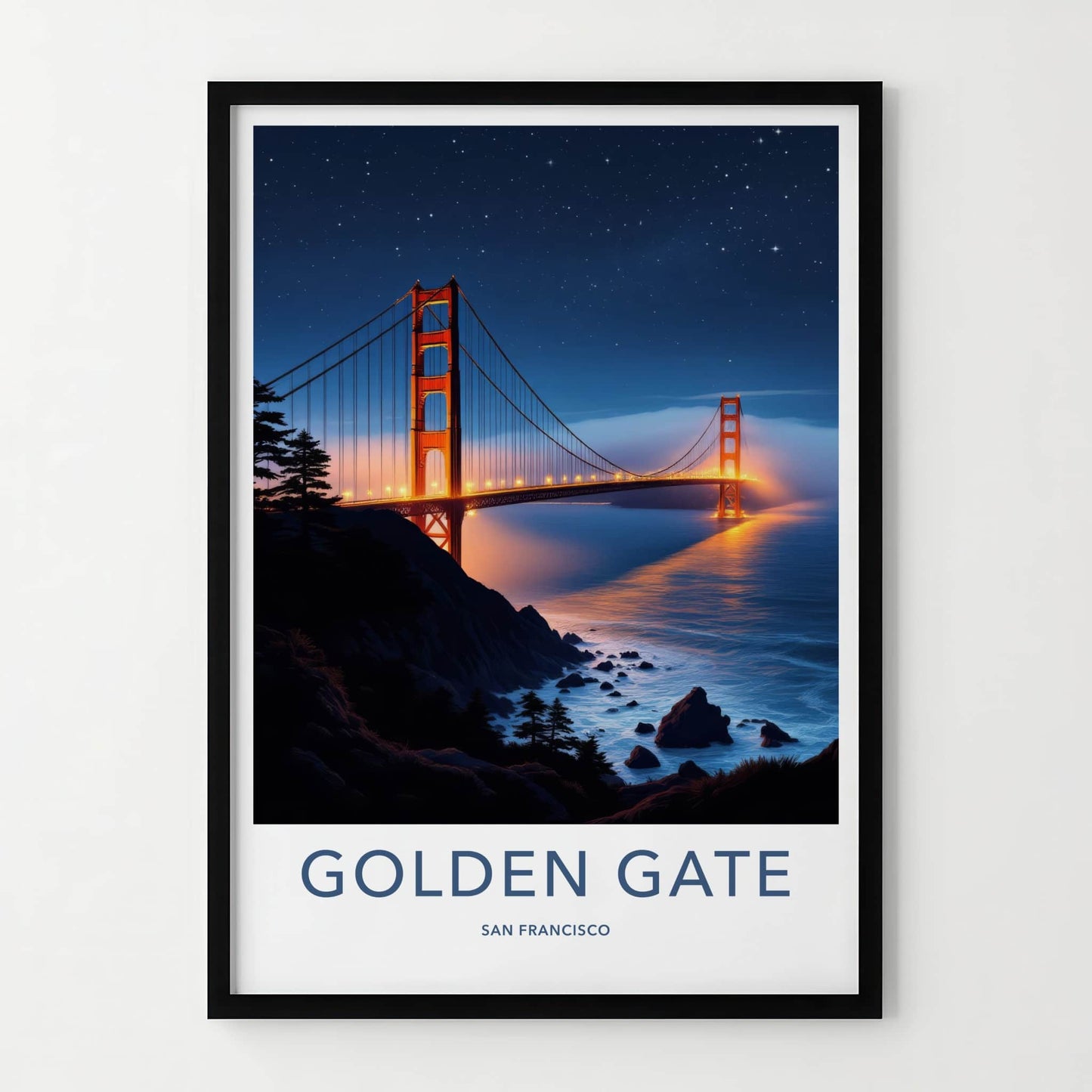 Golden Gate Bridge Poster - California Travel Art - Starry Night Lights Wall Decor