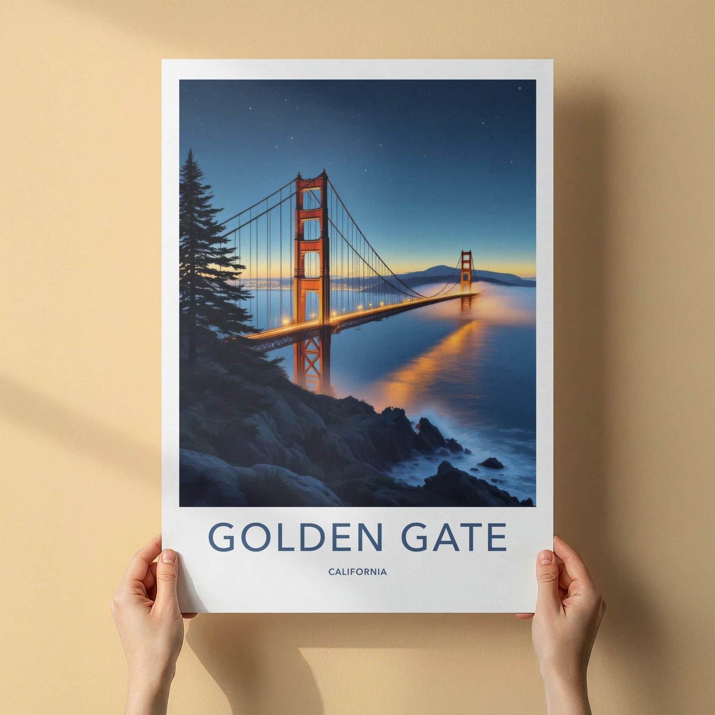 Golden Gate Poster - California Travel Art - Illuminated Bridge Mist Wall Decor