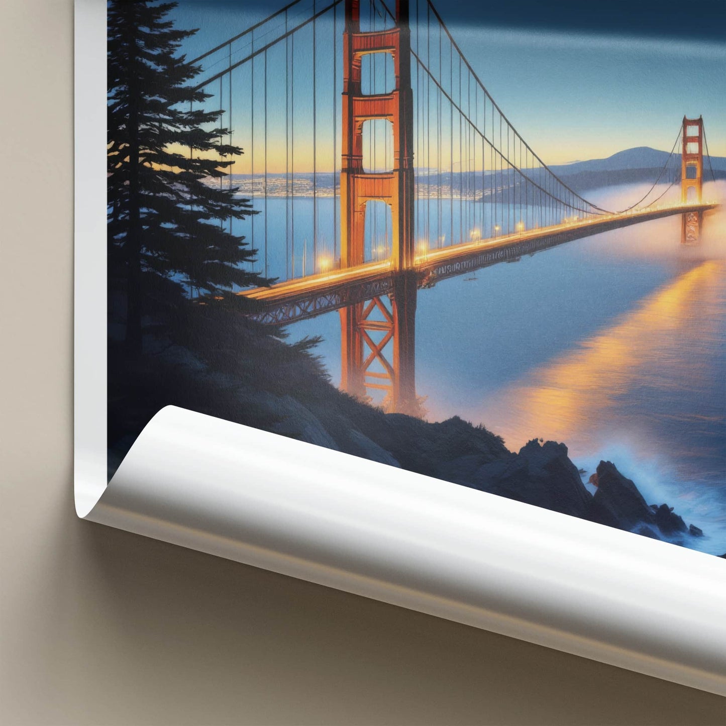 Golden Gate Poster - California Travel Art - Illuminated Bridge Mist Wall Decor