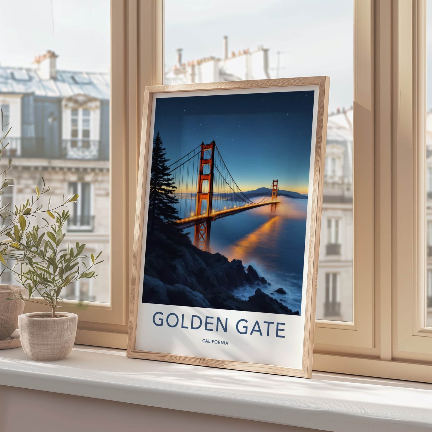 Golden Gate Poster - California Travel Art - Illuminated Bridge Mist Wall Decor