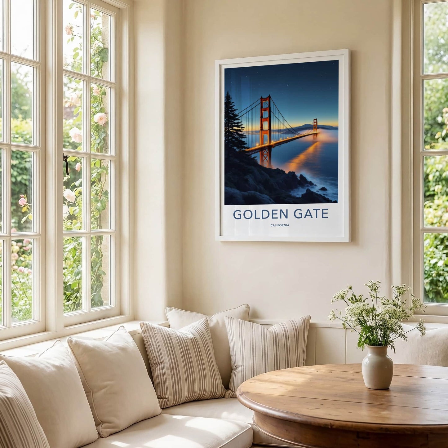 Golden Gate Poster - California Travel Art - Illuminated Bridge Mist Wall Decor