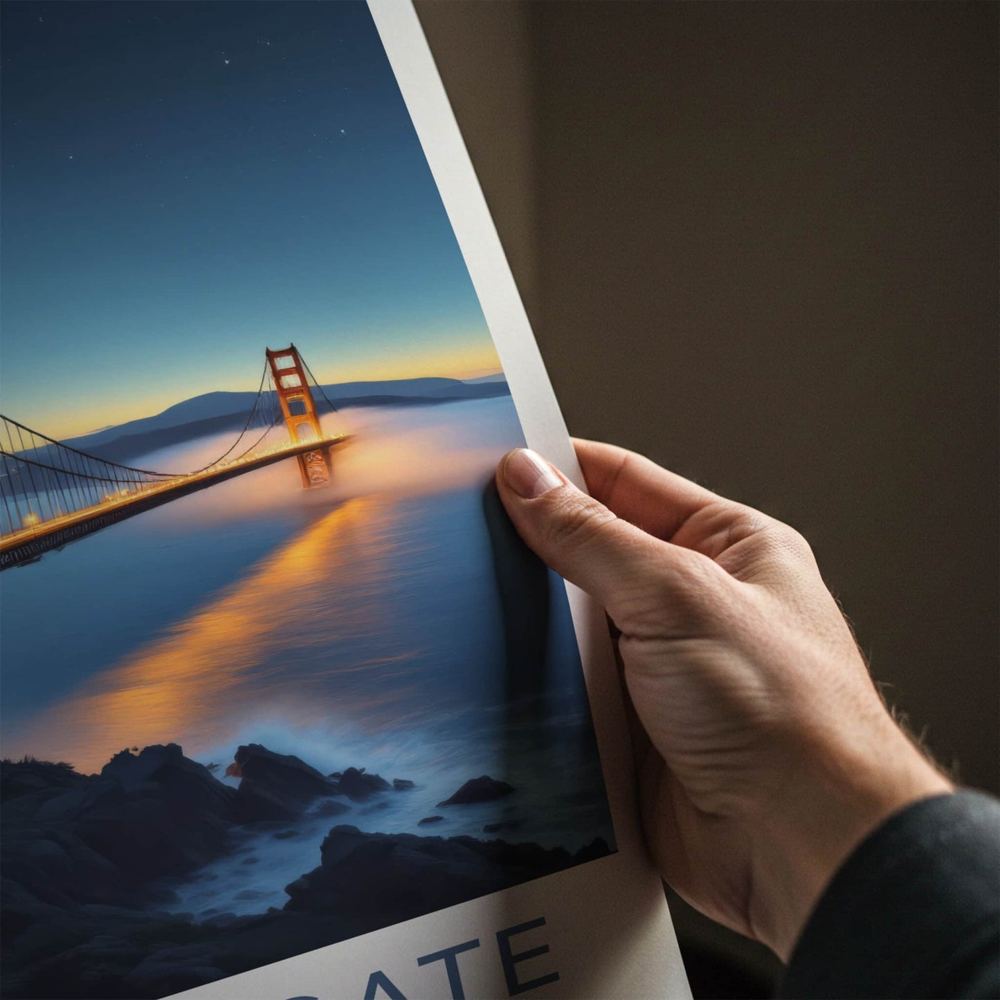 Golden Gate Poster - California Travel Art - Illuminated Bridge Mist Wall Decor