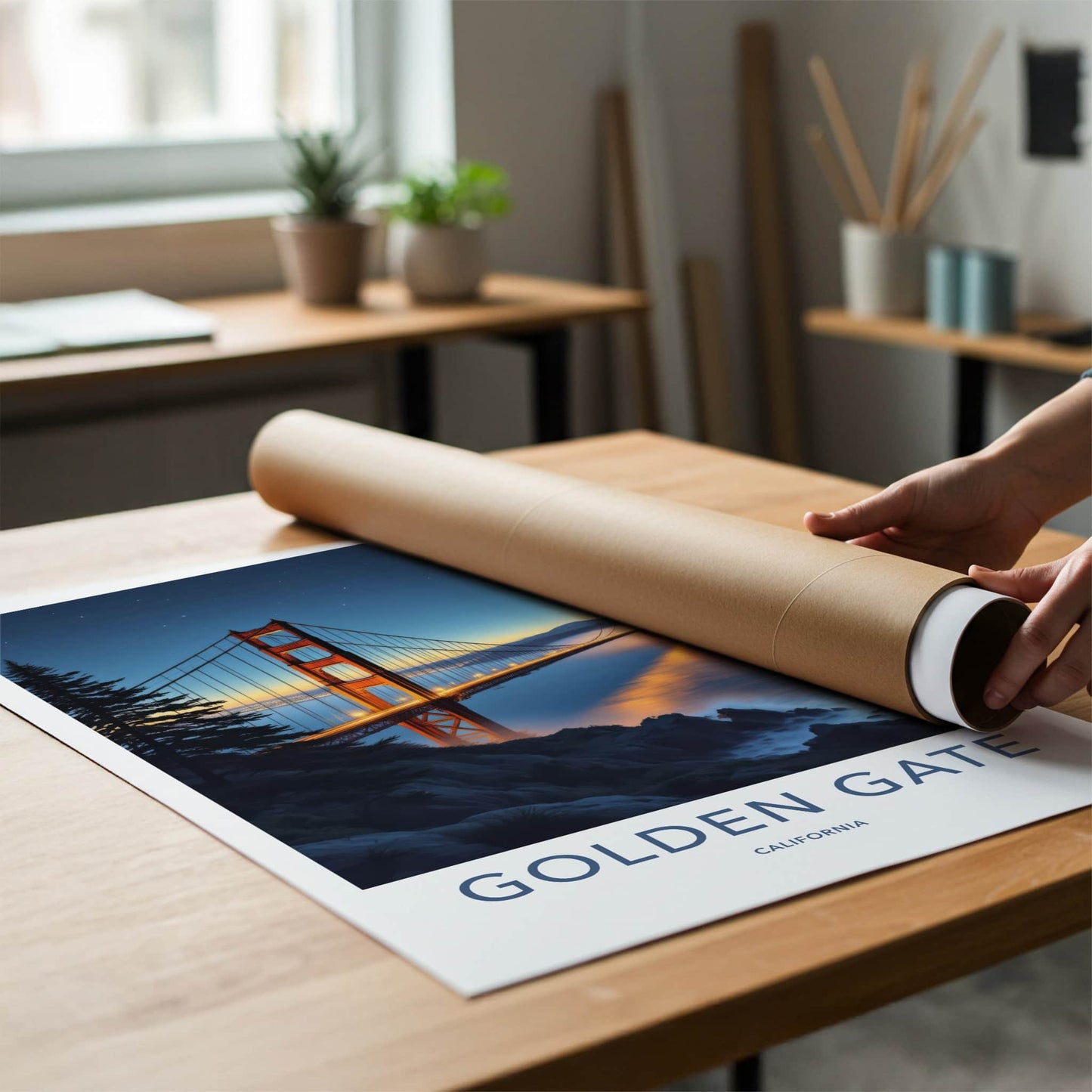 Golden Gate Poster - California Travel Art - Illuminated Bridge Mist Wall Decor