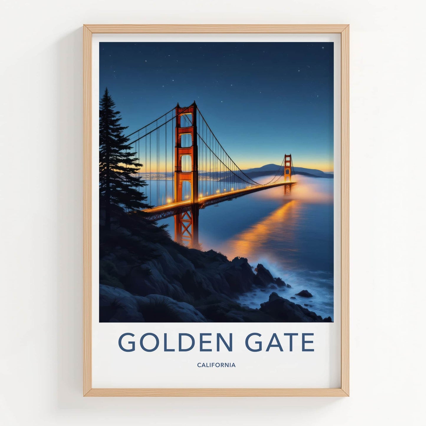 Golden Gate Poster - California Travel Art - Illuminated Bridge Mist Wall Decor