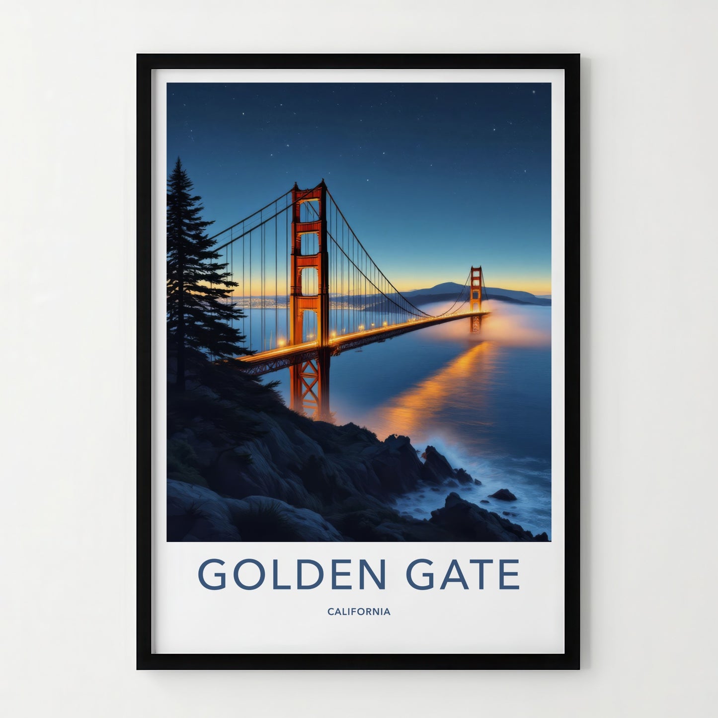 Golden Gate Poster - California Travel Art - Illuminated Bridge Mist Wall Decor