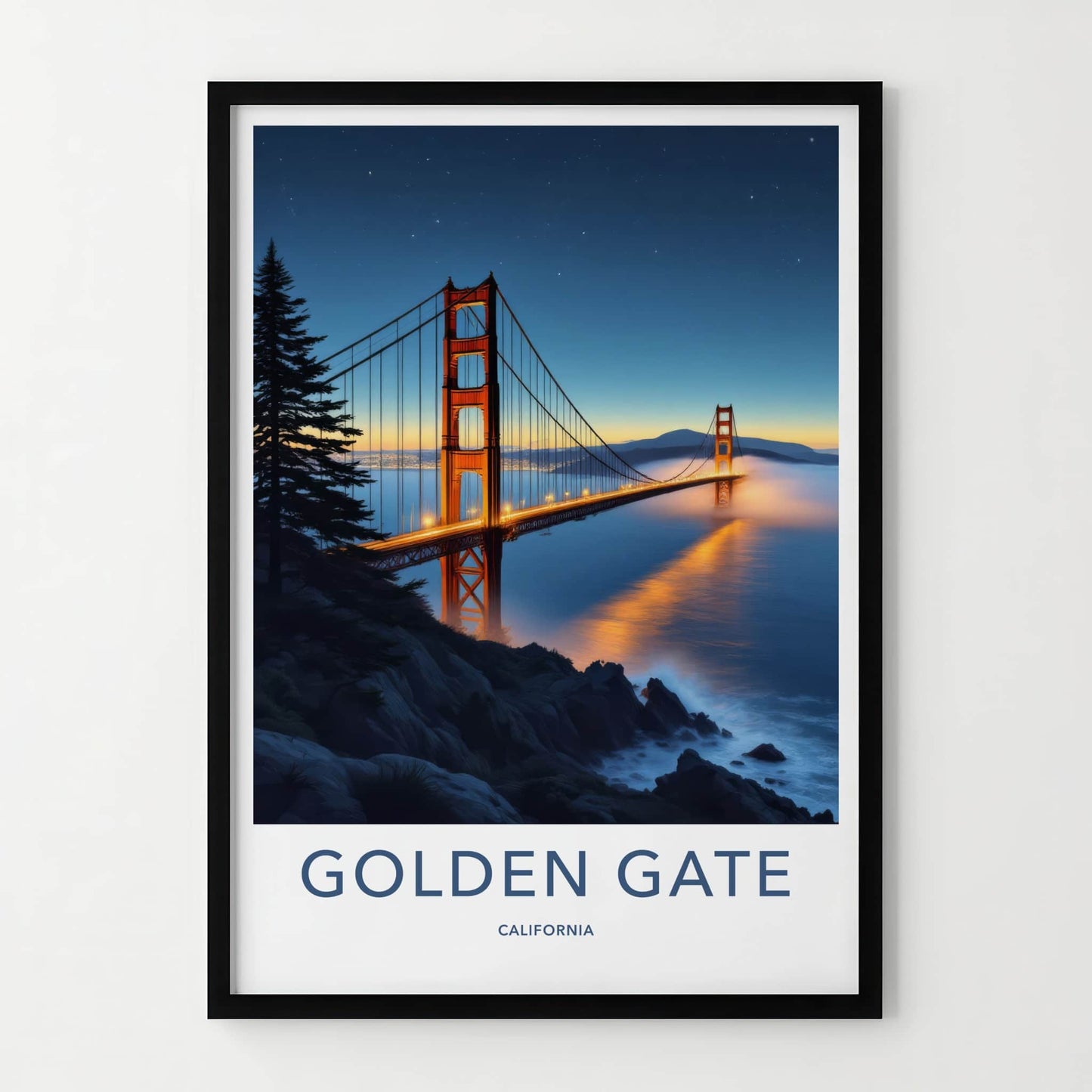 Golden Gate Poster - California Travel Art - Illuminated Bridge Mist Wall Decor