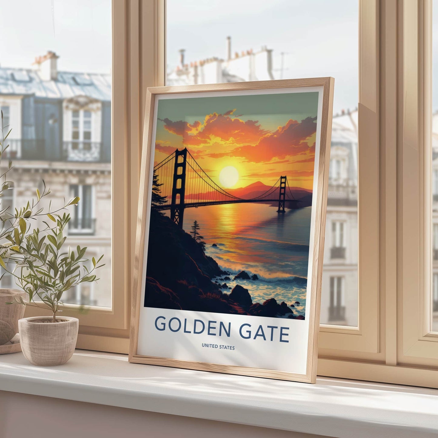 Golden Gate Poster - California Travel Print - Sunset Bridge Ocean Home Decor