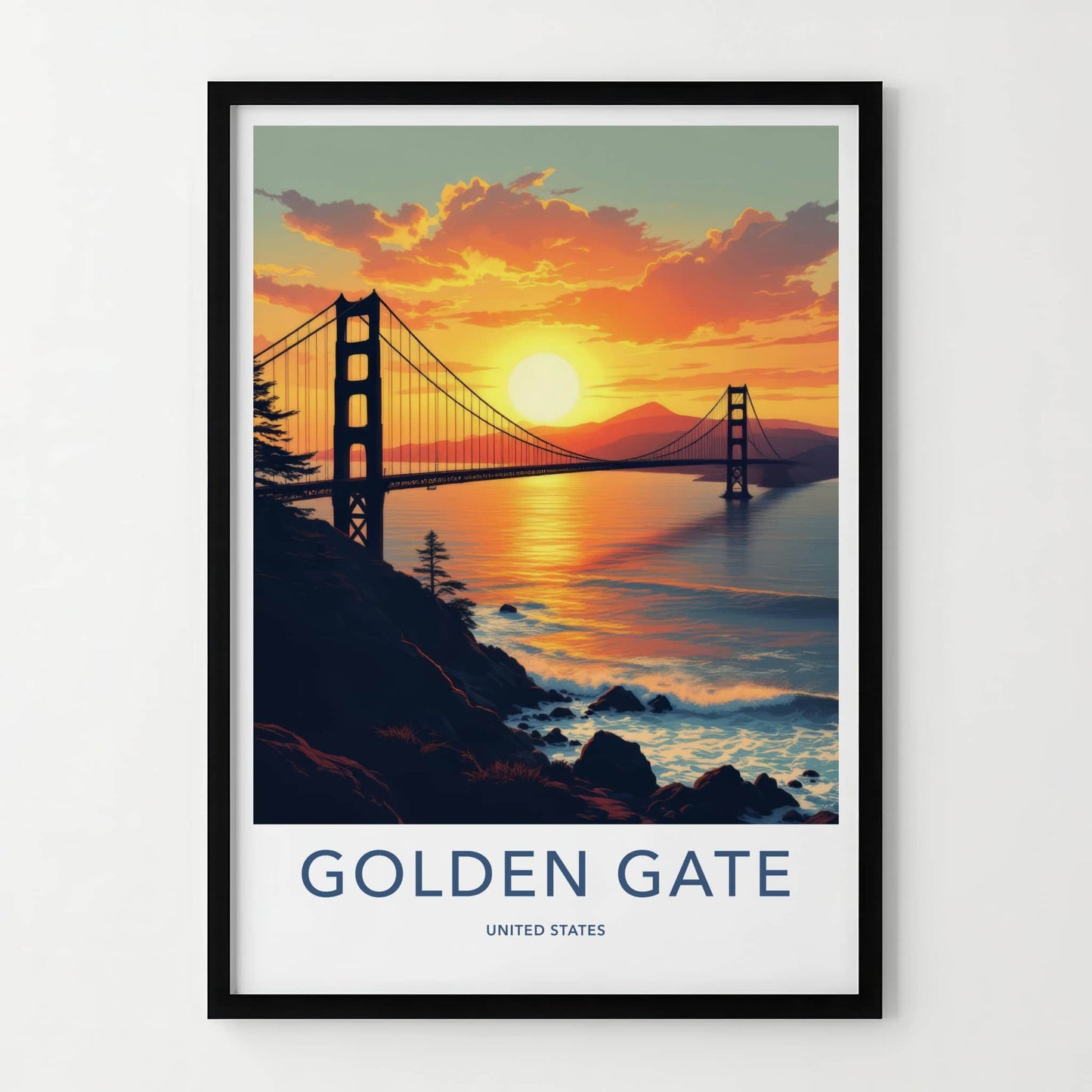 Golden Gate Poster - California Travel Print - Sunset Bridge Ocean Home Decor