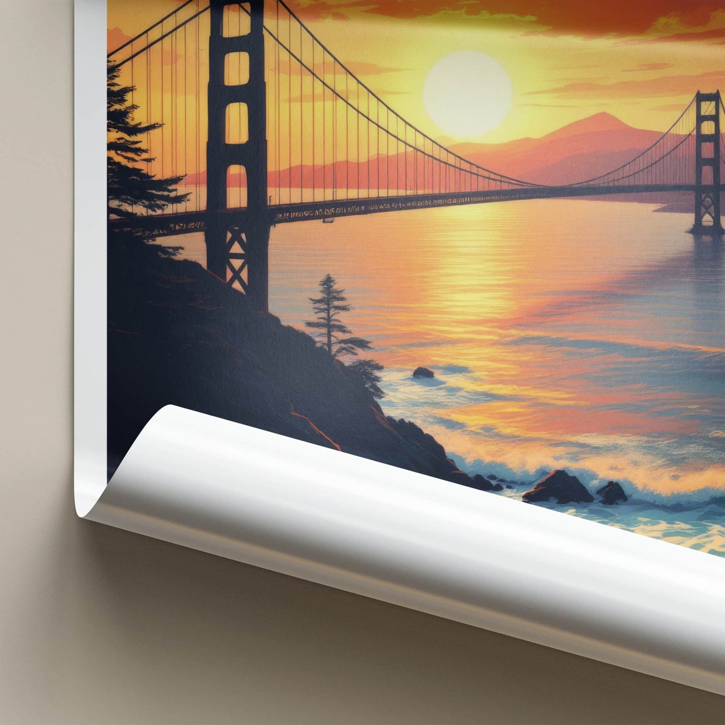 Golden Gate Poster - California Travel Print - Sunset Bridge Ocean Home Decor
