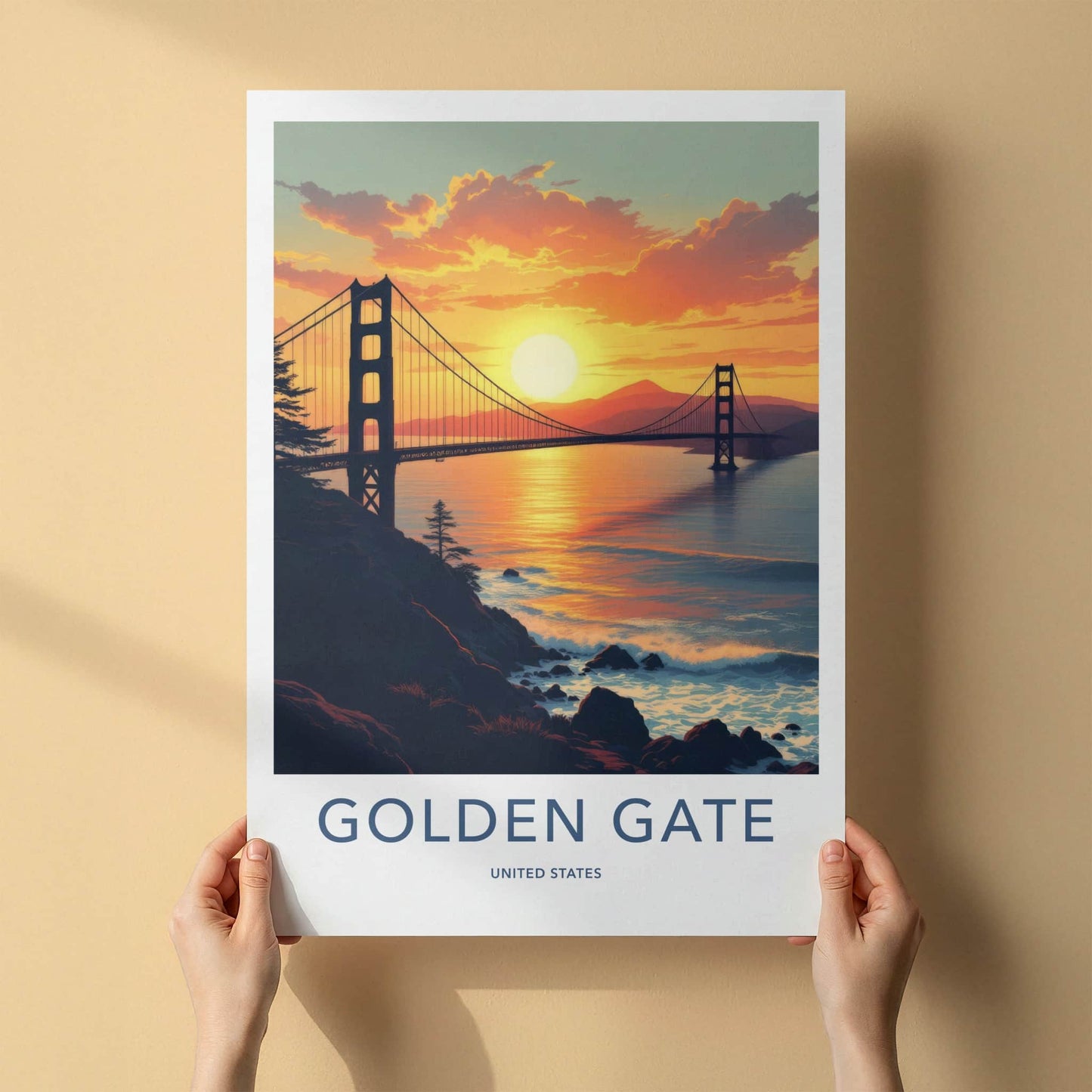 Golden Gate Poster - California Travel Print - Sunset Bridge Ocean Home Decor