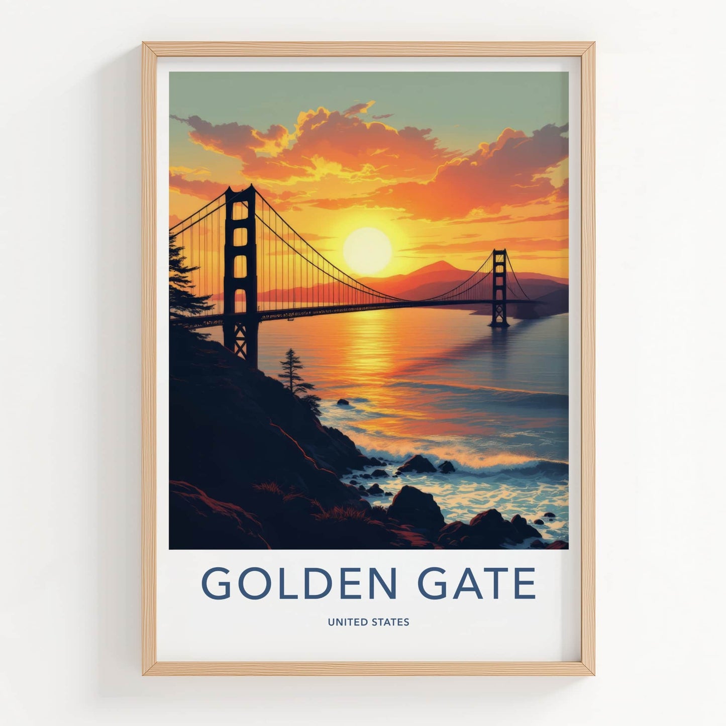 Golden Gate Poster - California Travel Print - Sunset Bridge Ocean Home Decor