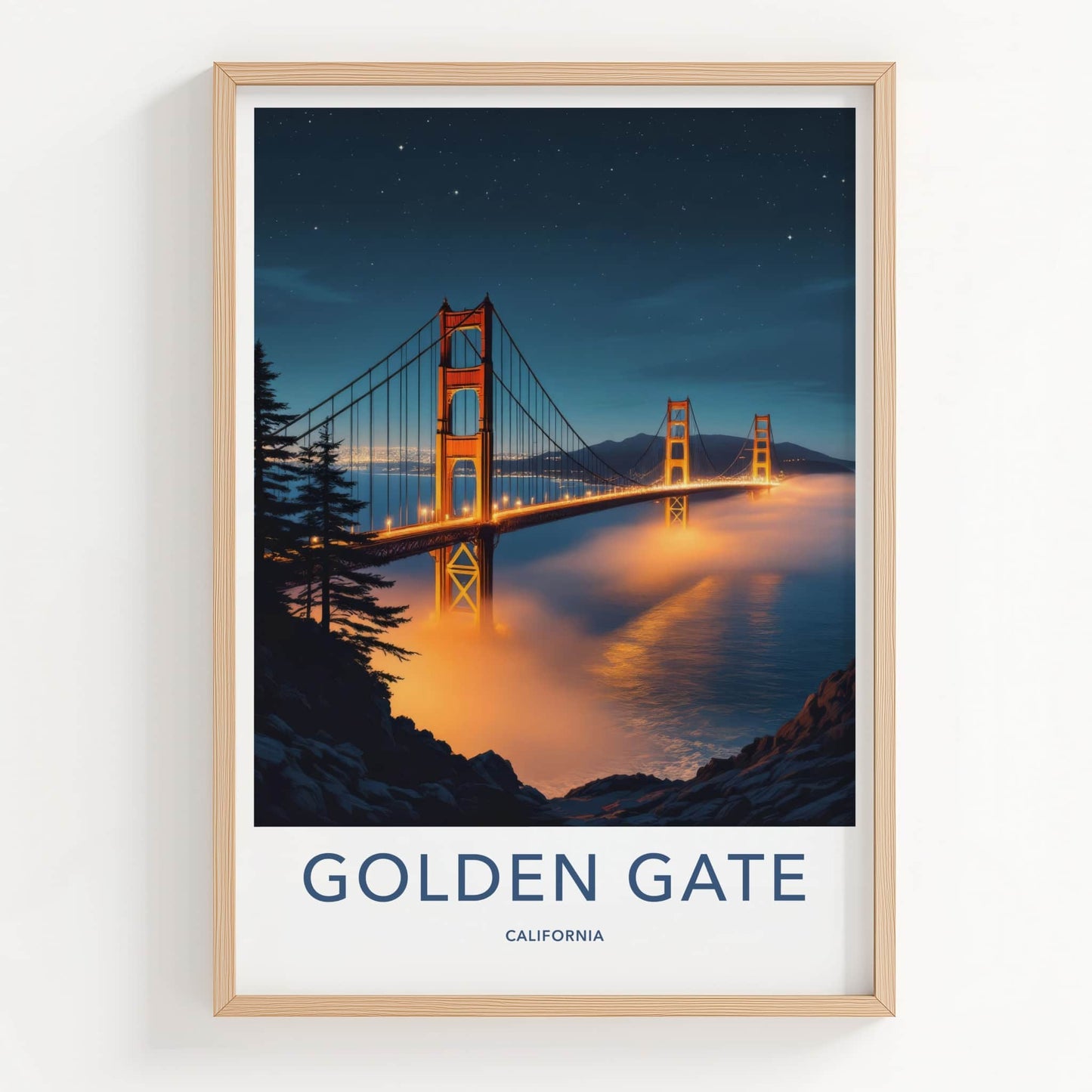 Golden Gate Poster - California Wall Art - Night Fog Bridge Home Decor