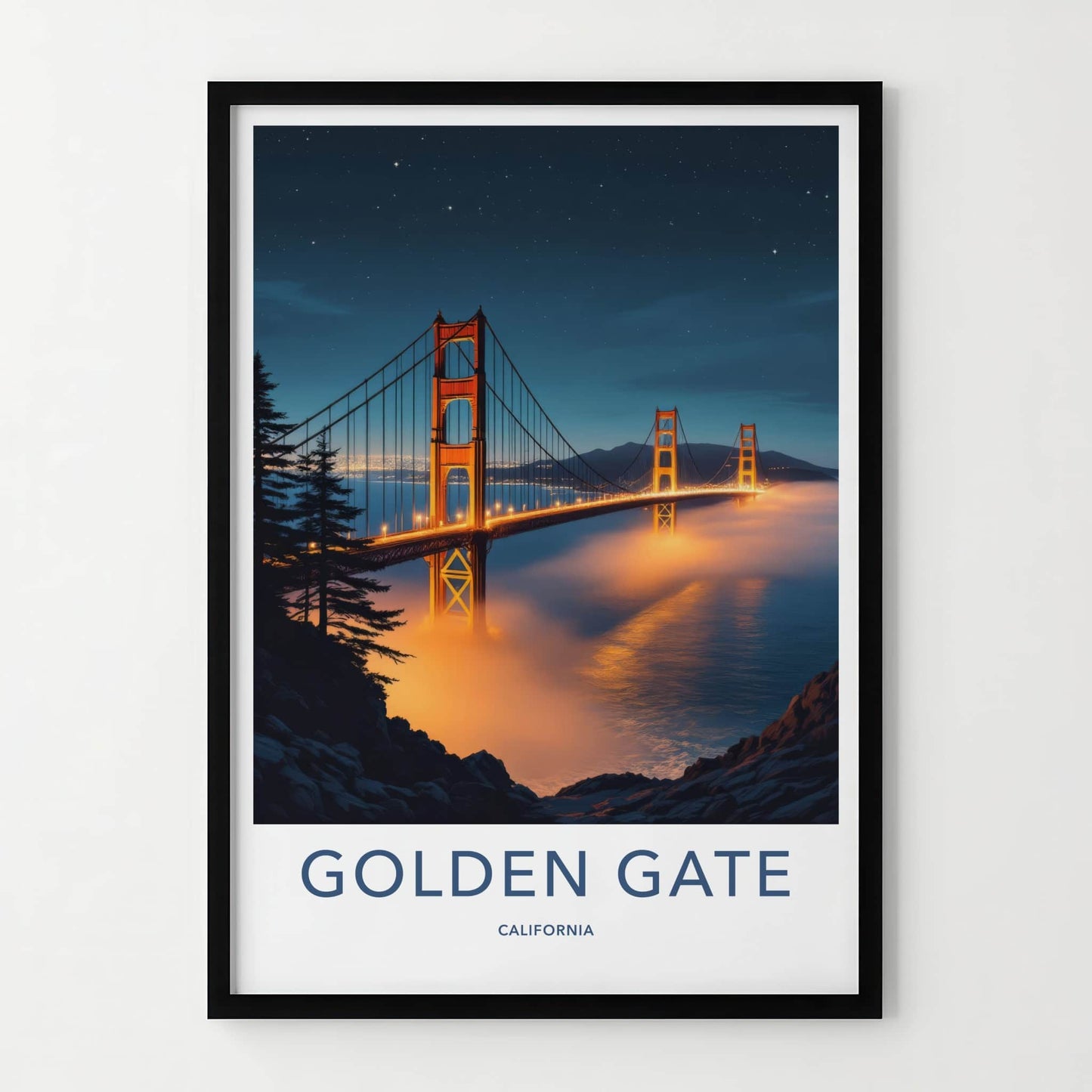 Golden Gate Poster - California Wall Art - Night Fog Bridge Home Decor