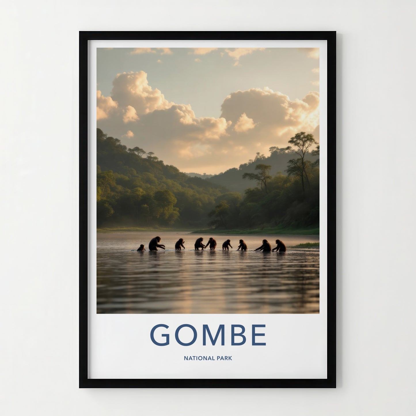 Gombe National Park Poster - Tanzania Travel Art - Chimps Wading Water Home Decor