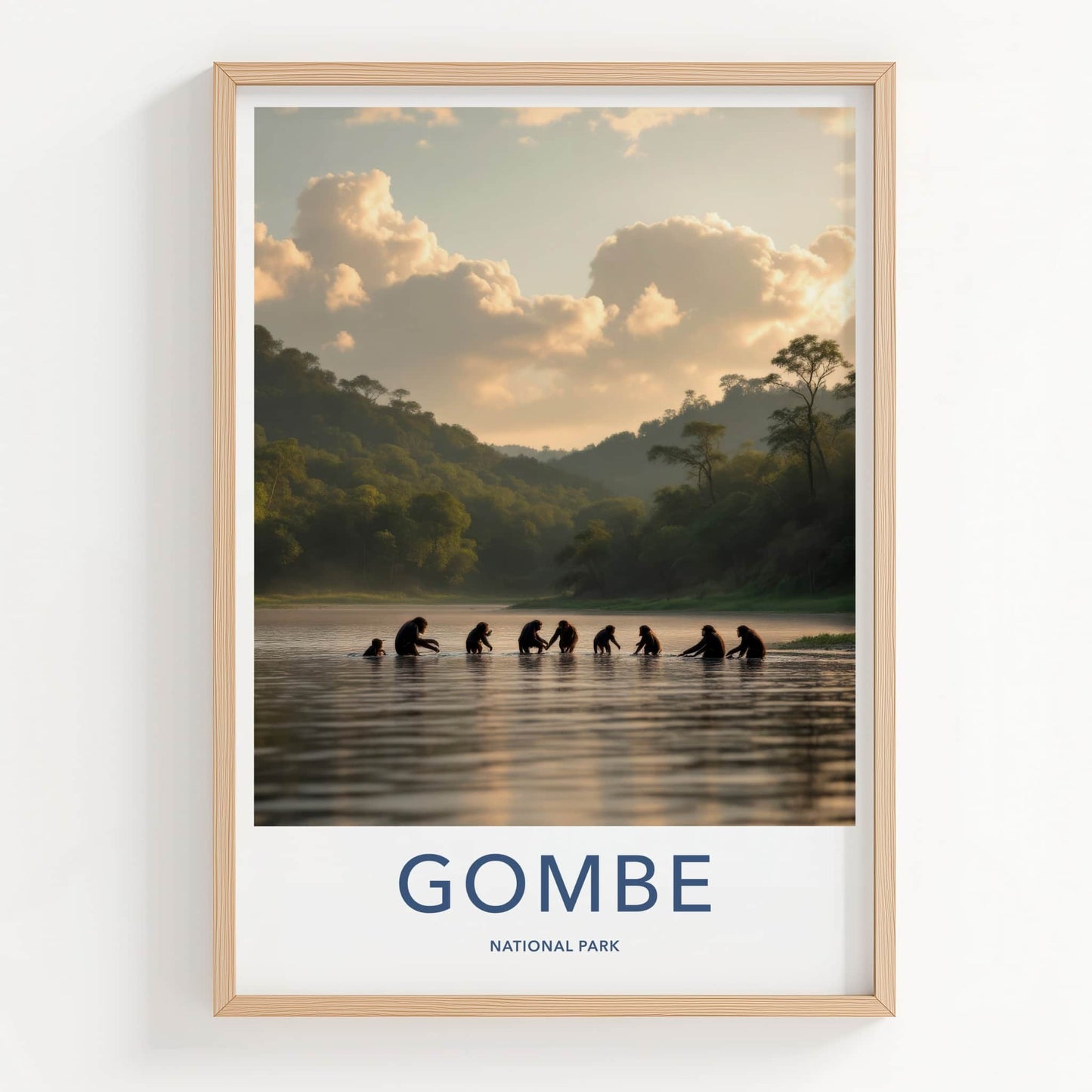 Gombe National Park Poster - Tanzania Travel Art - Chimps Wading Water Home Decor