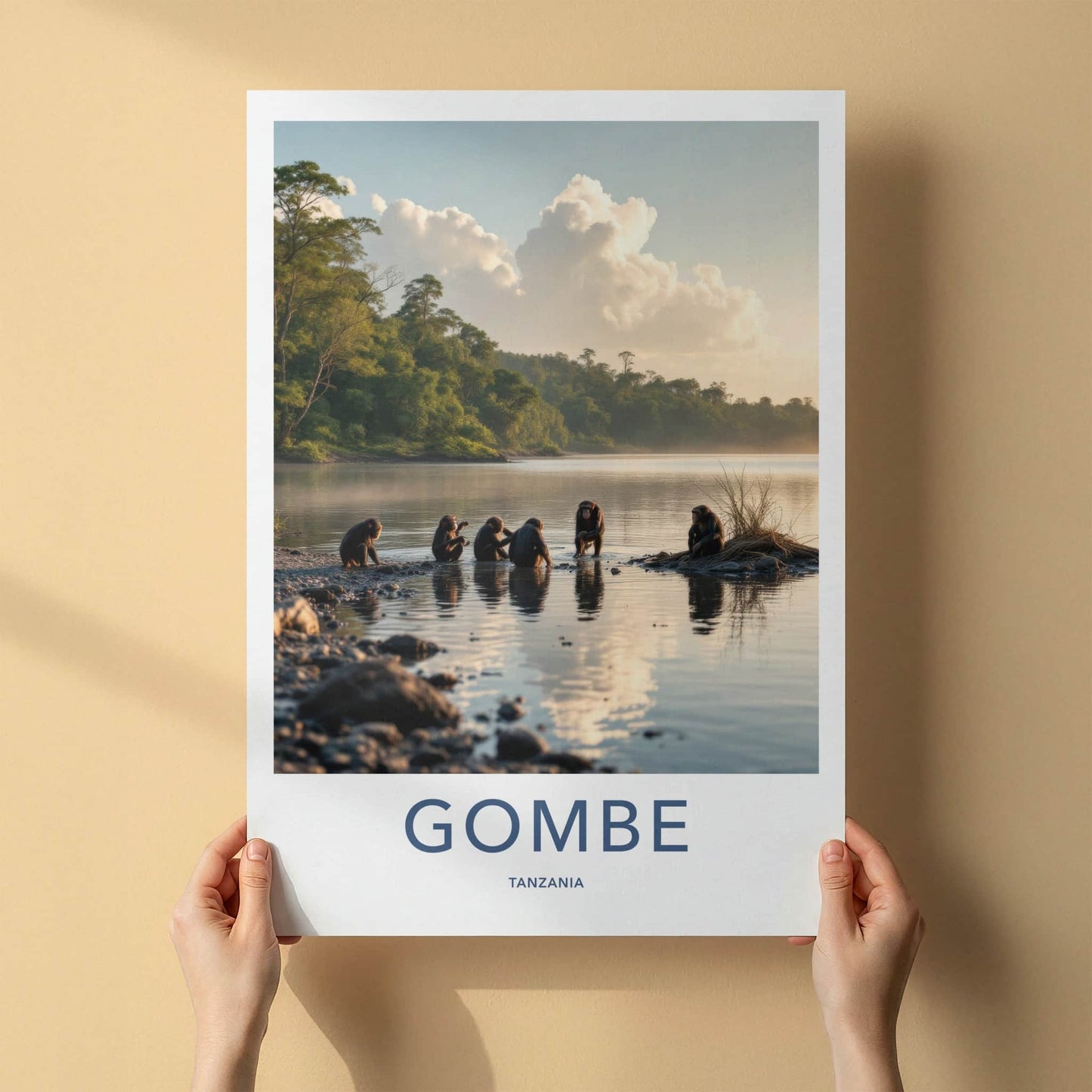 Gombe Poster - Tanzania Travel Art - Chimpanzee Water Reflections Home Decor