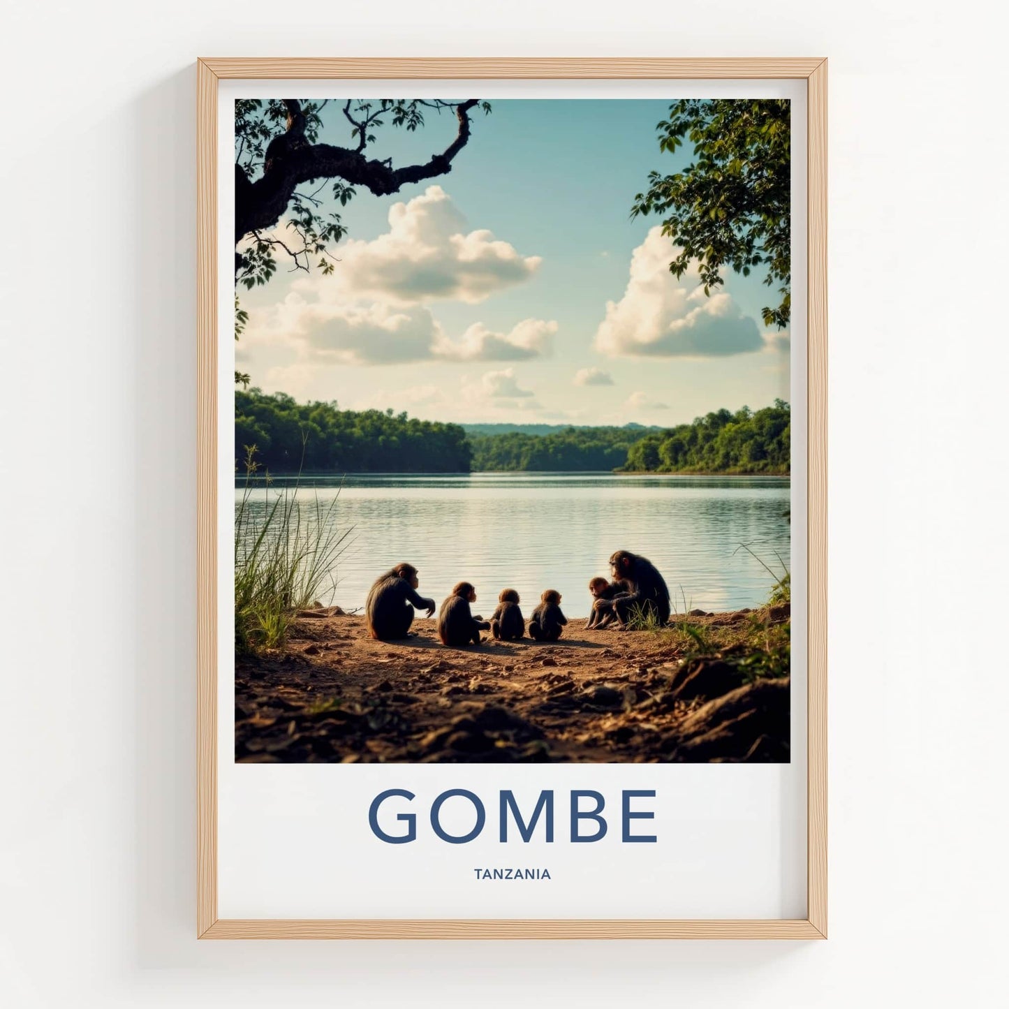 Gombe Poster - Tanzania Travel Art - Chimpanzees Lake Shore Home Decor