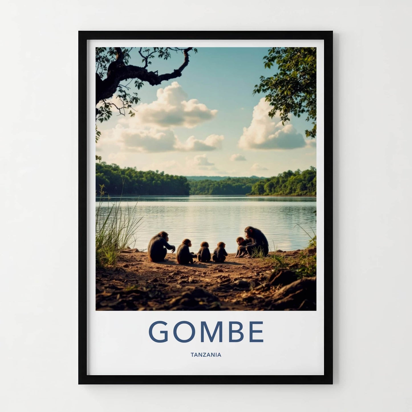 Gombe Poster - Tanzania Travel Art - Chimpanzees Lake Shore Home Decor