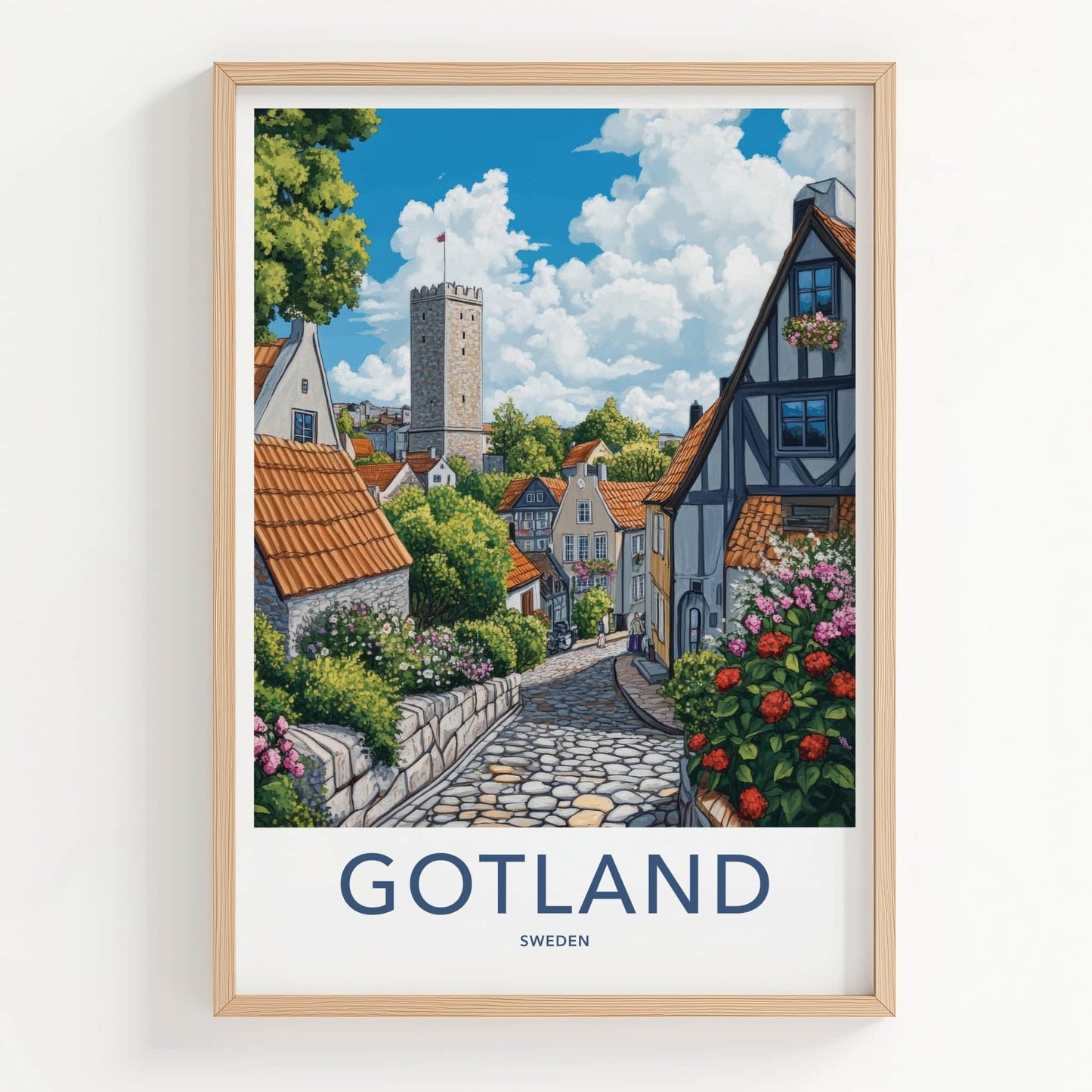 Gotland Poster - Sweden Travel Art - Cobblestone Street Tower Home Decor