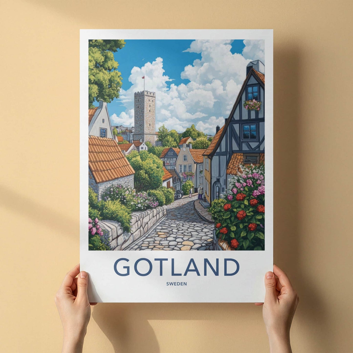 Gotland Poster - Sweden Travel Art - Cobblestone Street Tower Home Decor