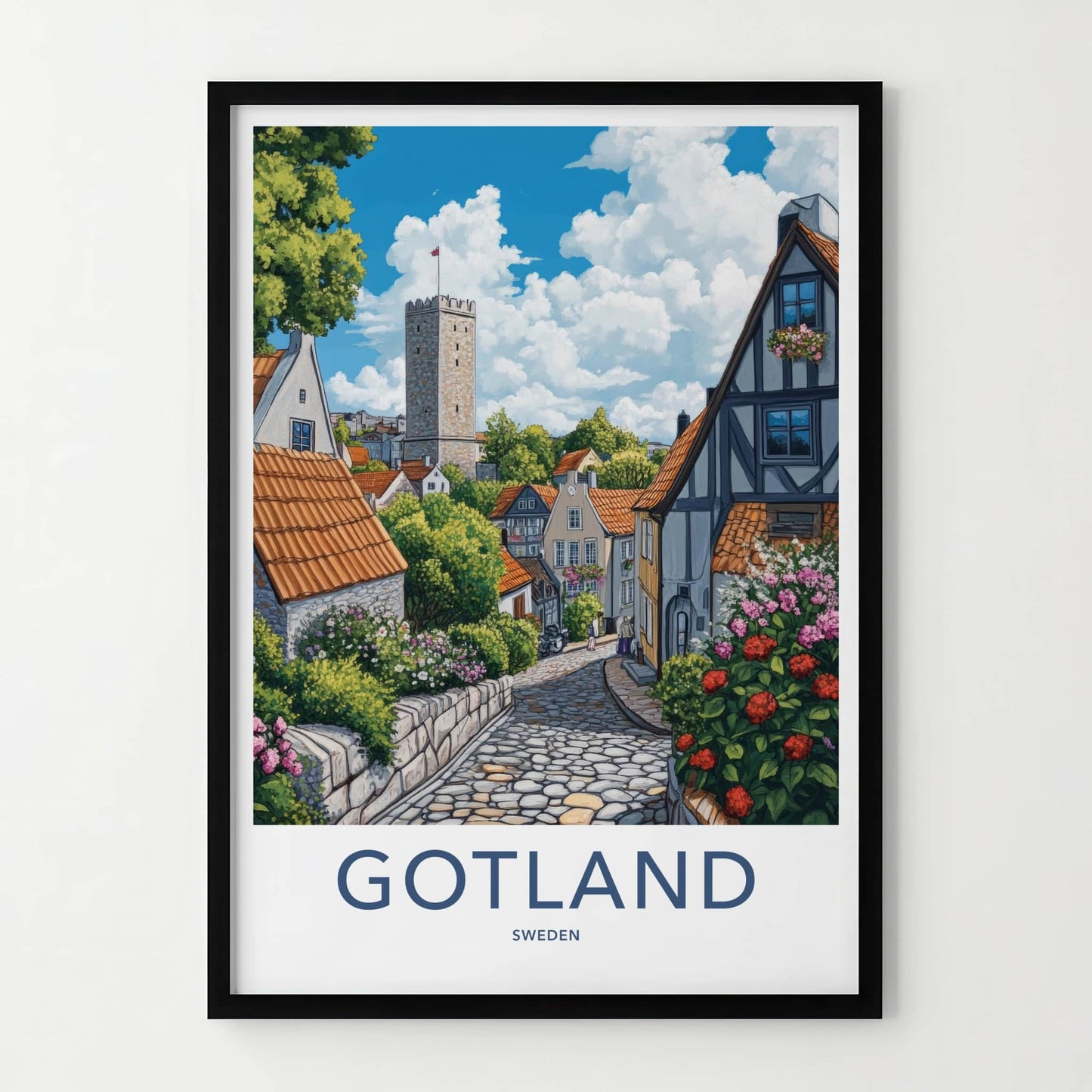 Gotland Poster - Sweden Travel Art - Cobblestone Street Tower Home Decor