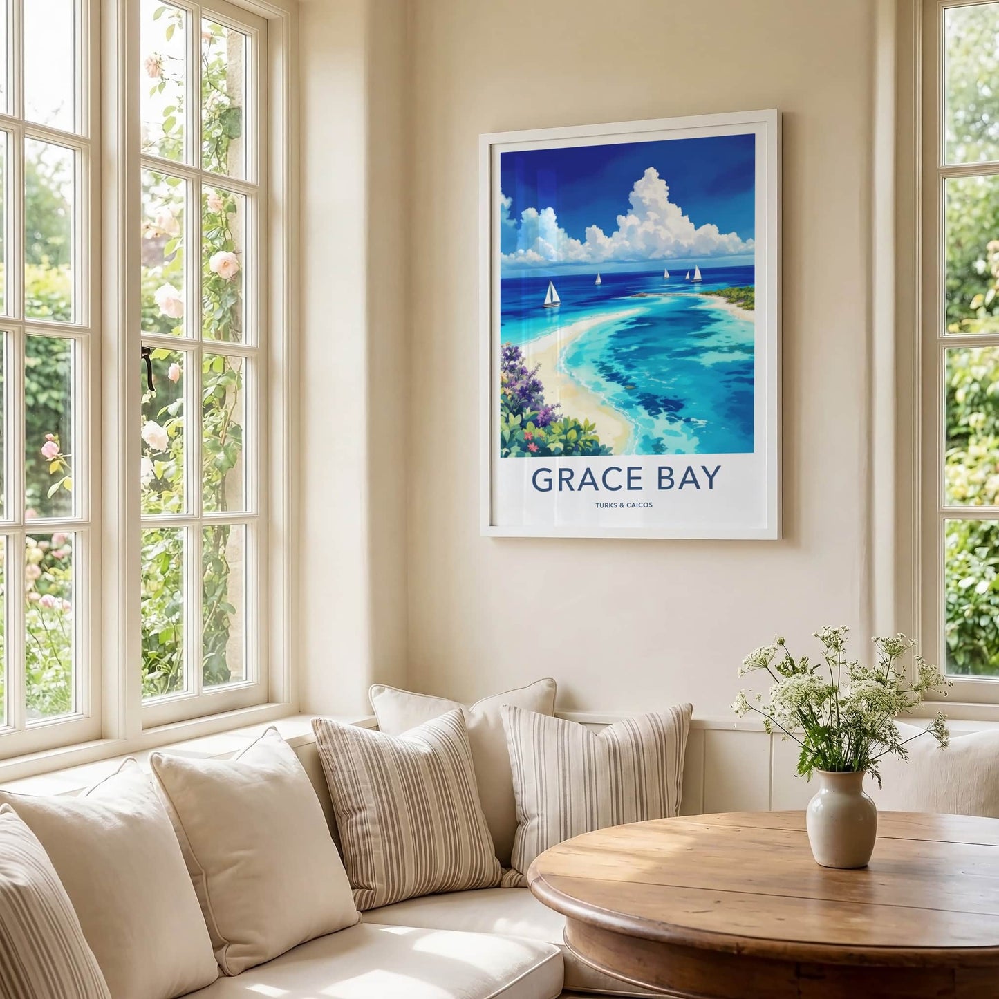 Grace Bay Poster - Turks Caicos Travel Art - Tropical Beach Sailboats Home Decor
