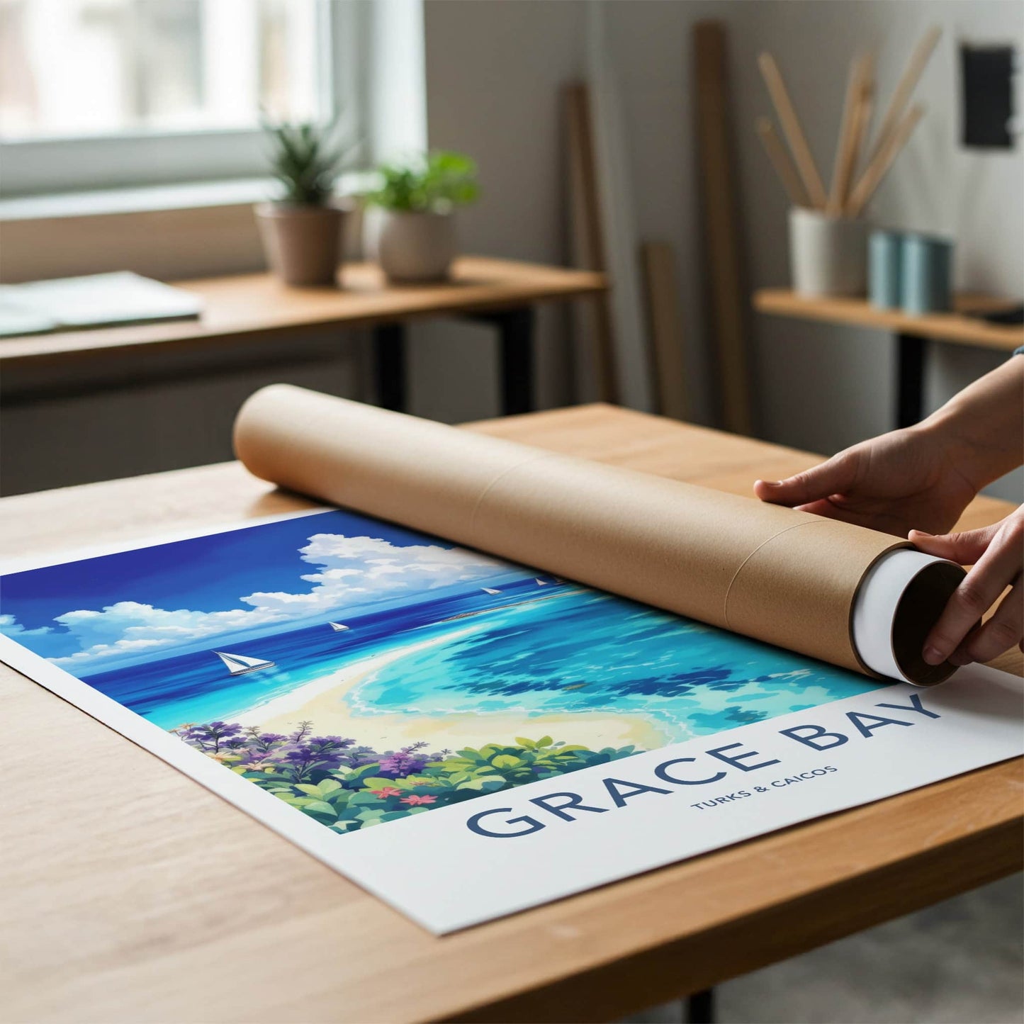Grace Bay Poster - Turks Caicos Travel Art - Tropical Beach Sailboats Home Decor