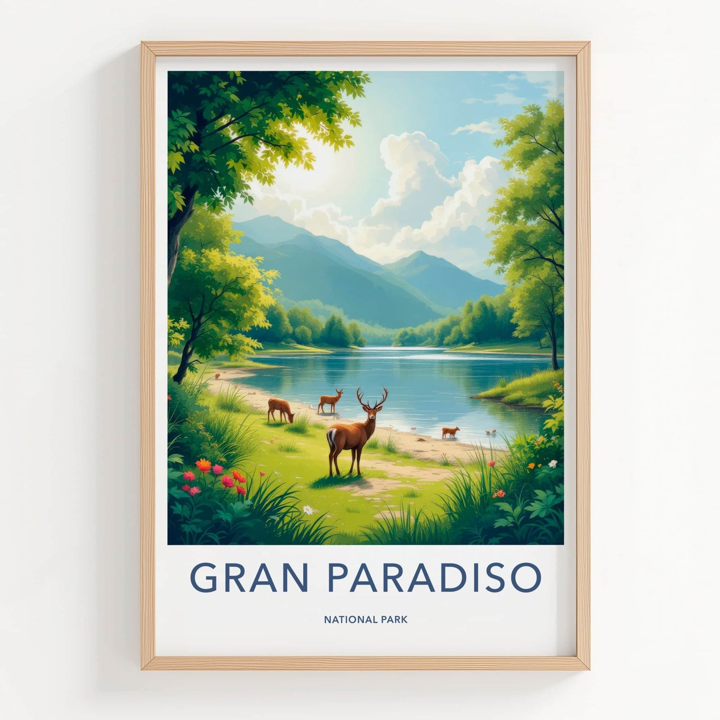Gran Paradiso National Park Poster - Italy Art Print - Lakeside Deer Grazing Home Decor