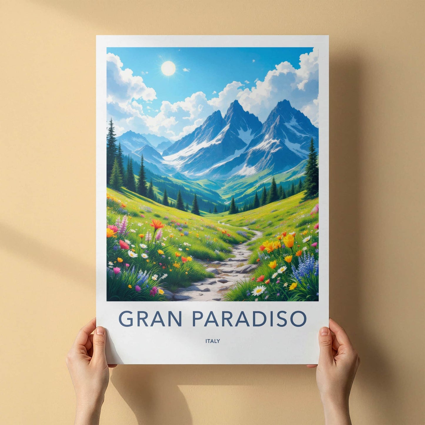 Gran Paradiso Poster - Italy Travel Art - Mountain Meadow Path Home Decor