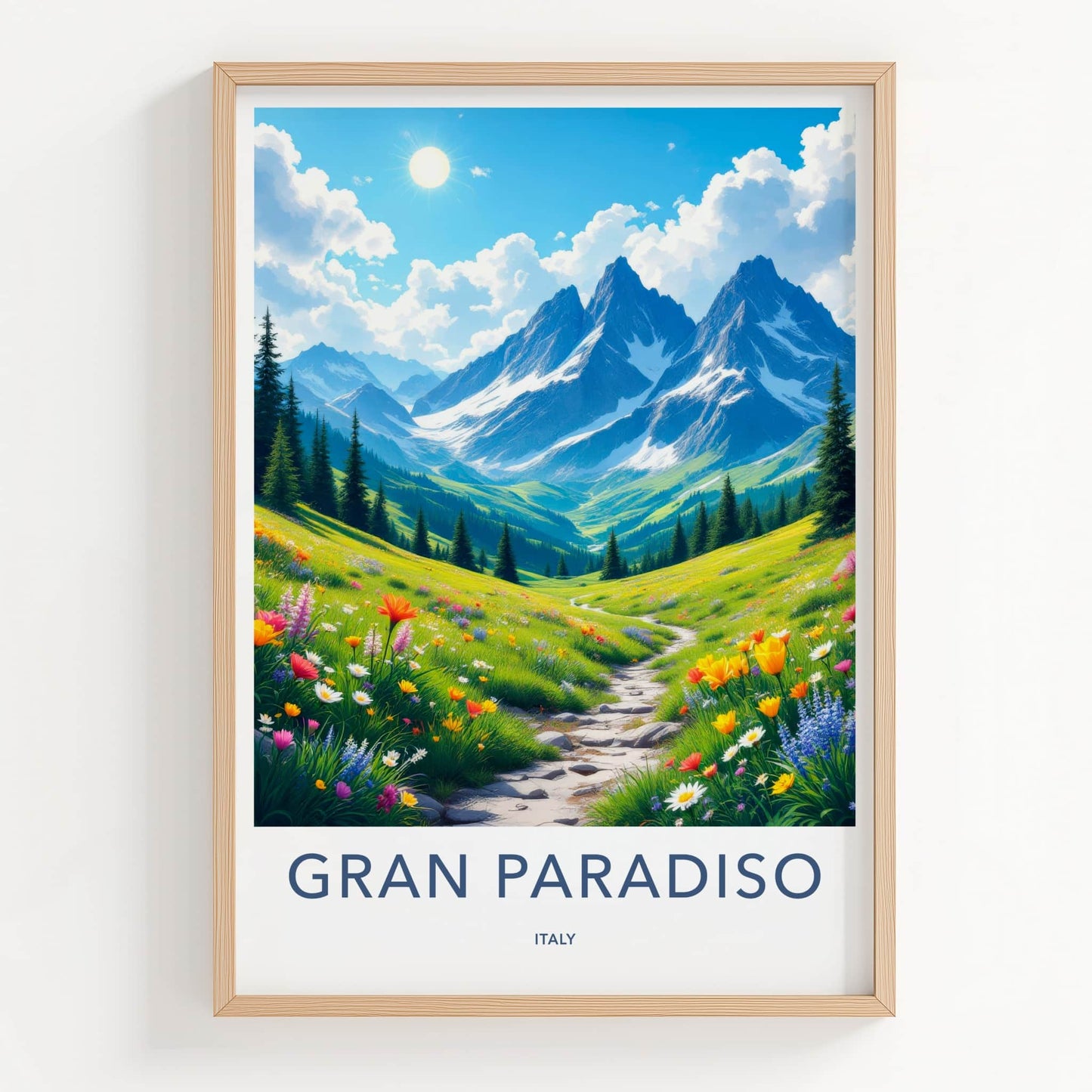 Gran Paradiso Poster - Italy Travel Art - Mountain Meadow Path Home Decor
