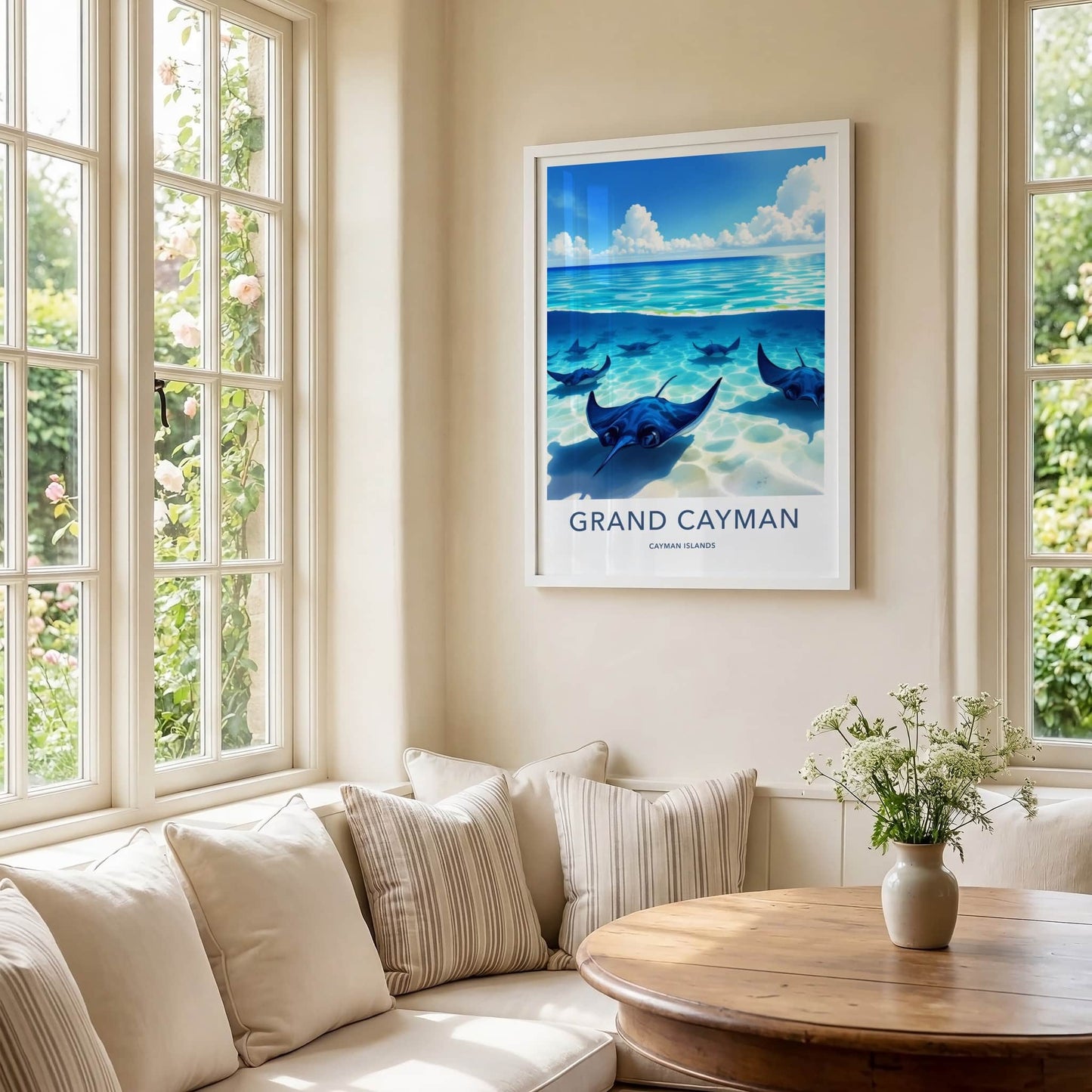 Grand Cayman Poster - Cayman Islands Travel Art - Swimming Blue Stingrays Wall Decor