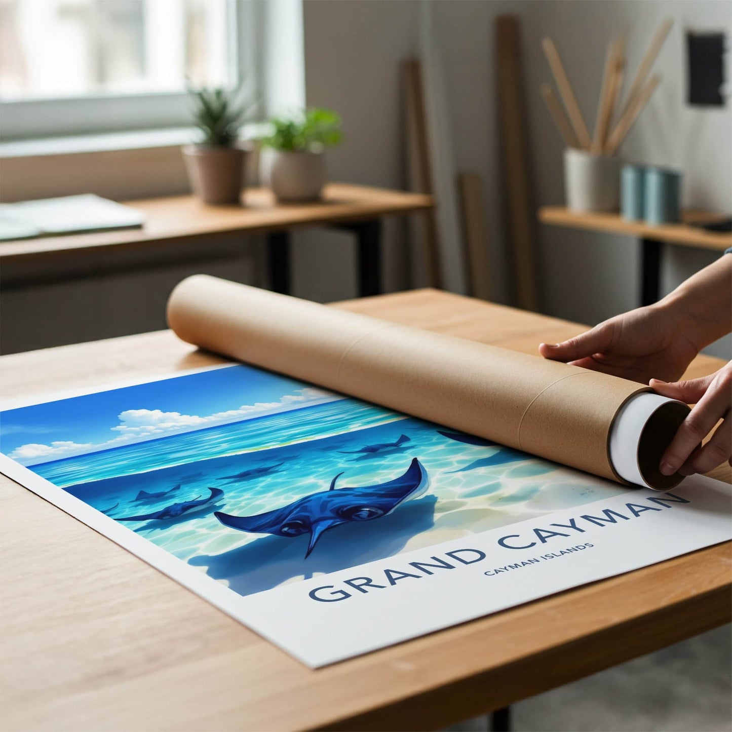 Grand Cayman Poster - Cayman Islands Travel Art - Swimming Blue Stingrays Wall Decor
