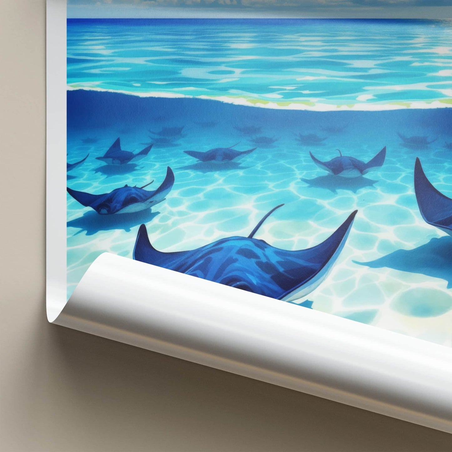 Grand Cayman Poster - Cayman Islands Travel Art - Swimming Blue Stingrays Wall Decor