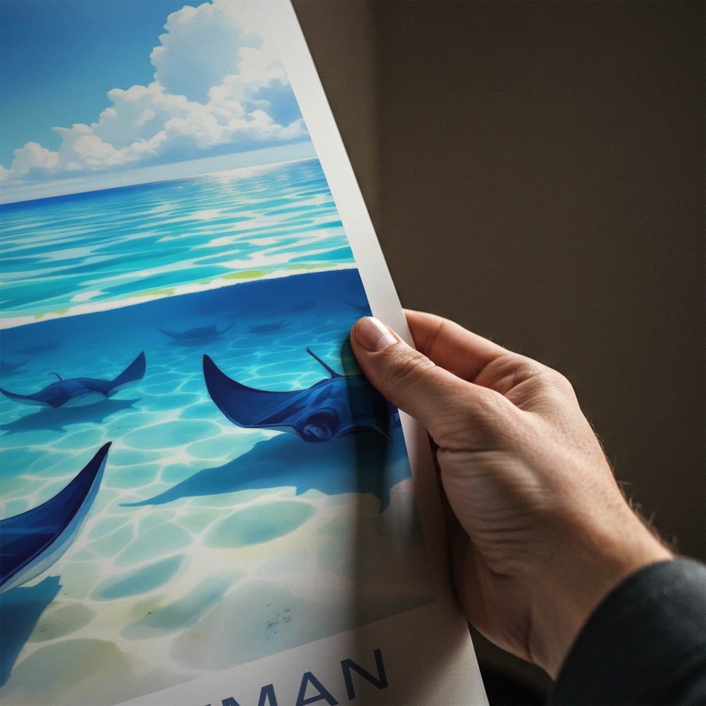 Grand Cayman Poster - Cayman Islands Travel Art - Swimming Blue Stingrays Wall Decor