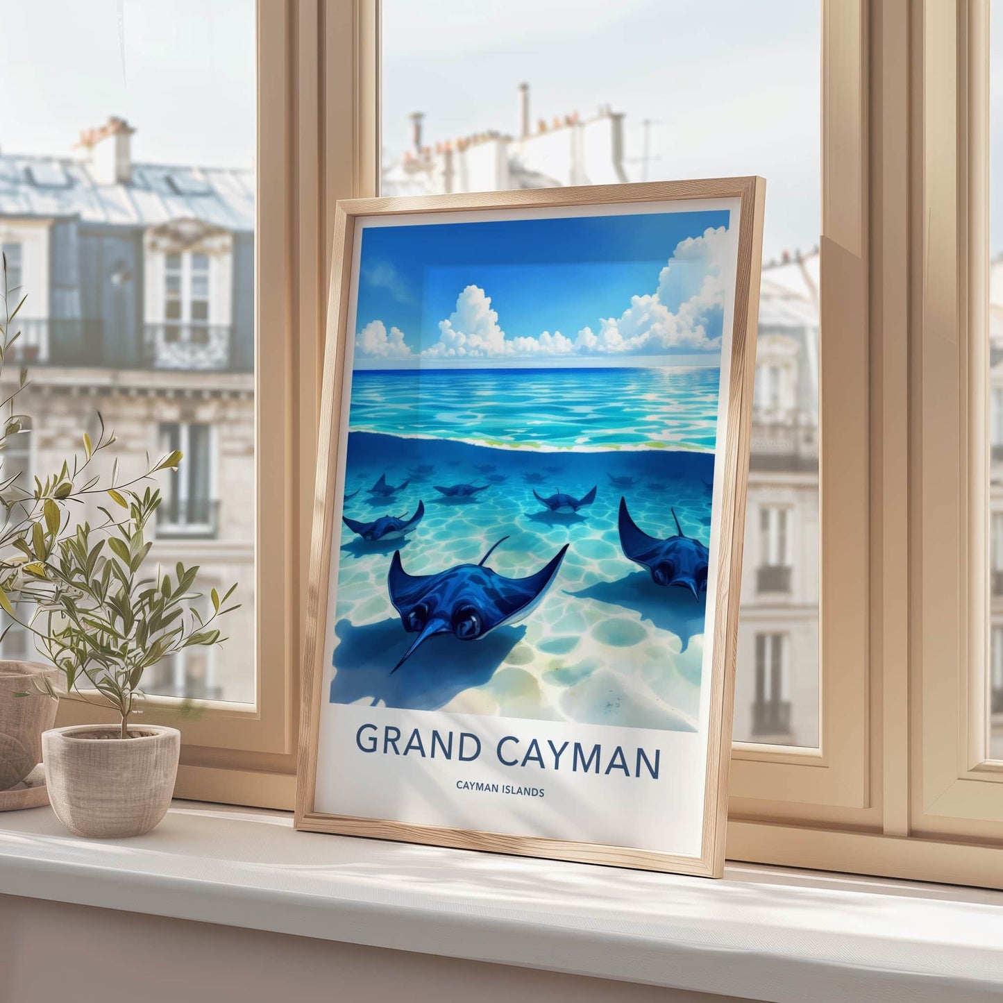 Grand Cayman Poster - Cayman Islands Travel Art - Swimming Blue Stingrays Wall Decor