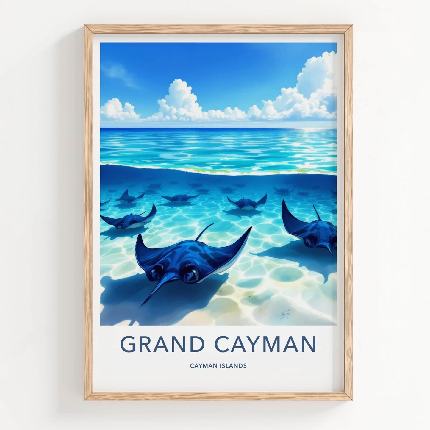 Grand Cayman Poster - Cayman Islands Travel Art - Swimming Blue Stingrays Wall Decor