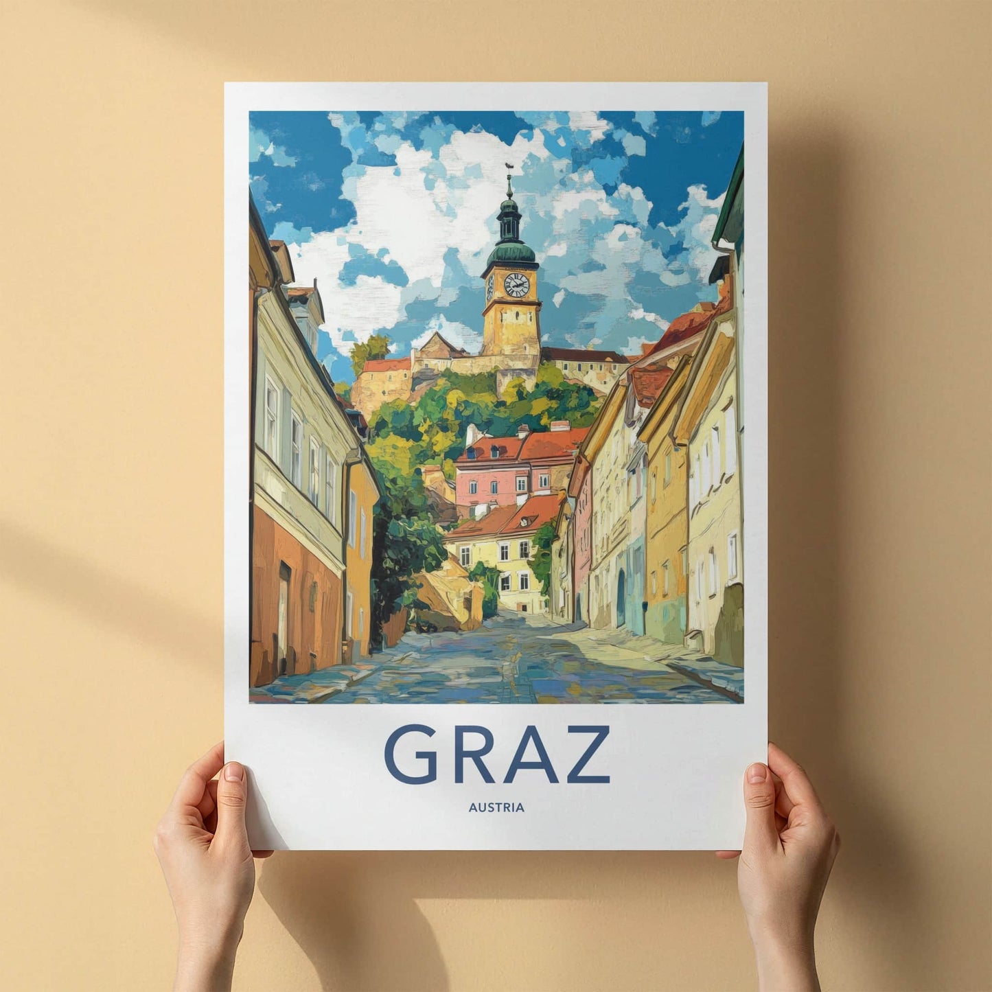Graz Poster - Austria Travel Art - Hilltop Clock Tower Home Decor