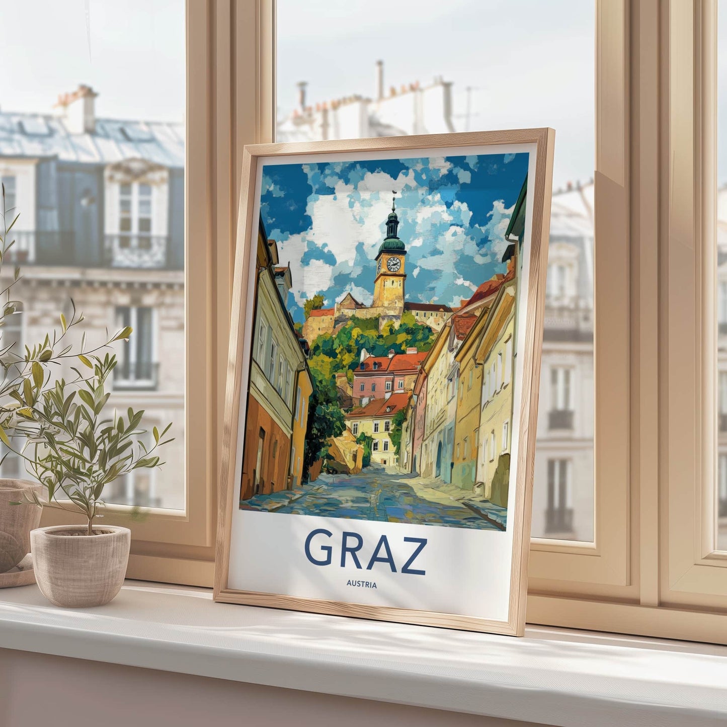 Graz Poster - Austria Travel Art - Hilltop Clock Tower Home Decor
