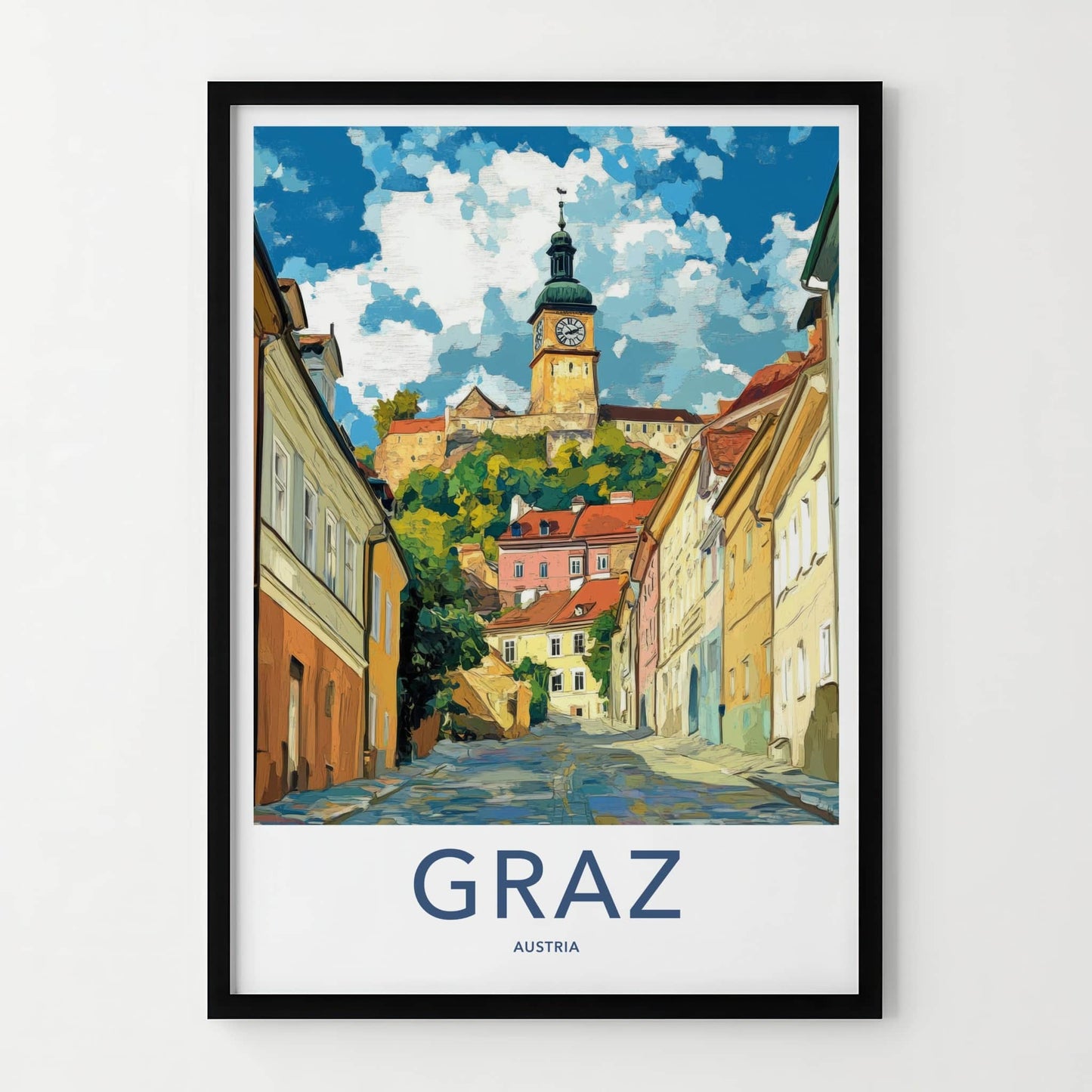 Graz Poster - Austria Travel Art - Hilltop Clock Tower Home Decor