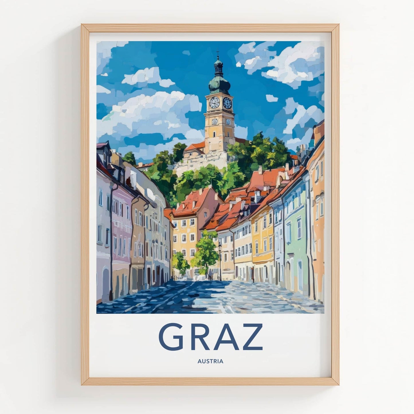 Graz Poster - Austria Travel Art - Hilltop Clock Tower Home Decor