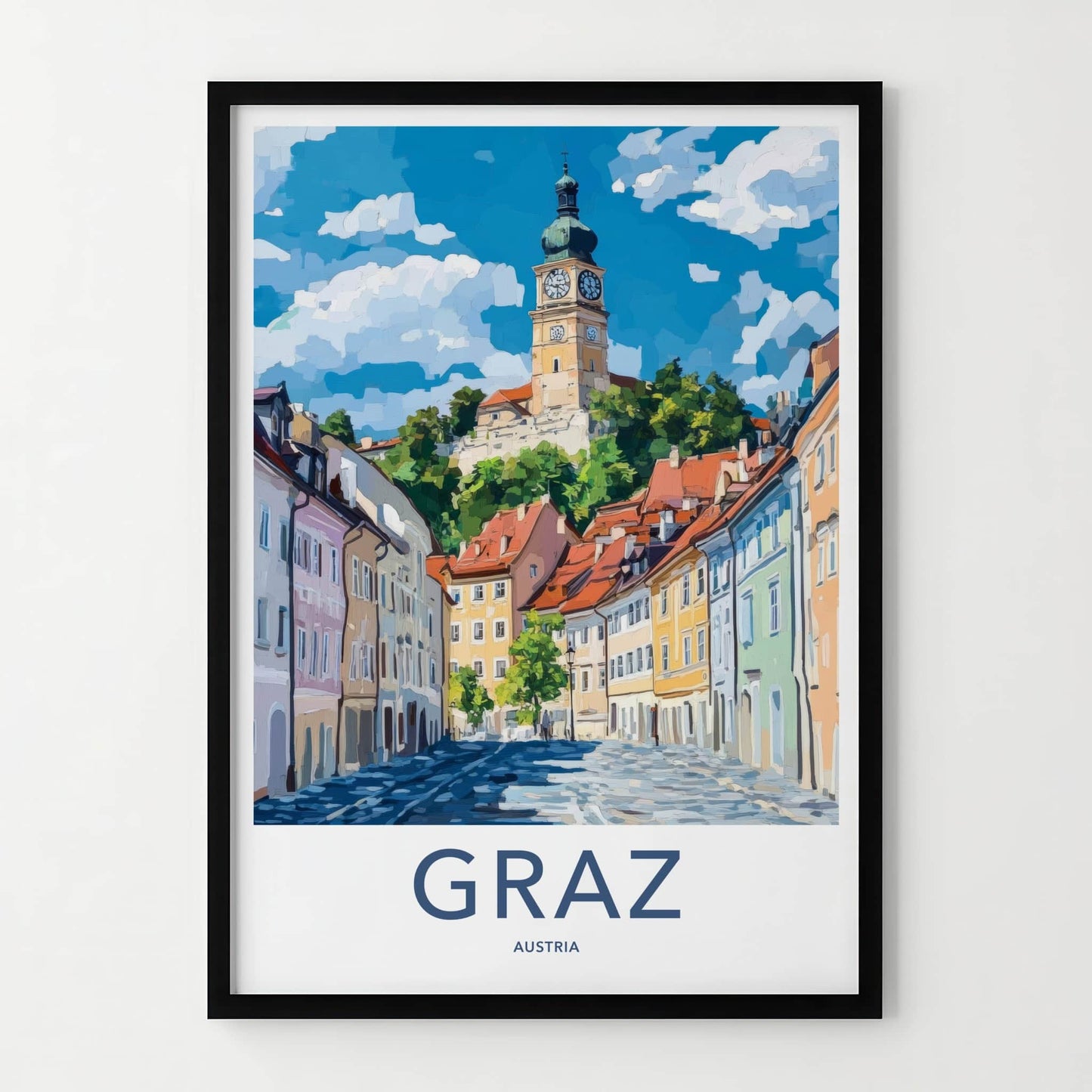 Graz Poster - Austria Travel Art - Hilltop Clock Tower Home Decor