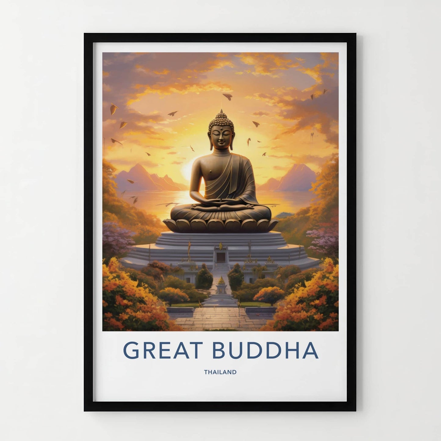 Great Buddha Poster - Thailand Travel Art - Meditating Buddha Sunset Home Decor