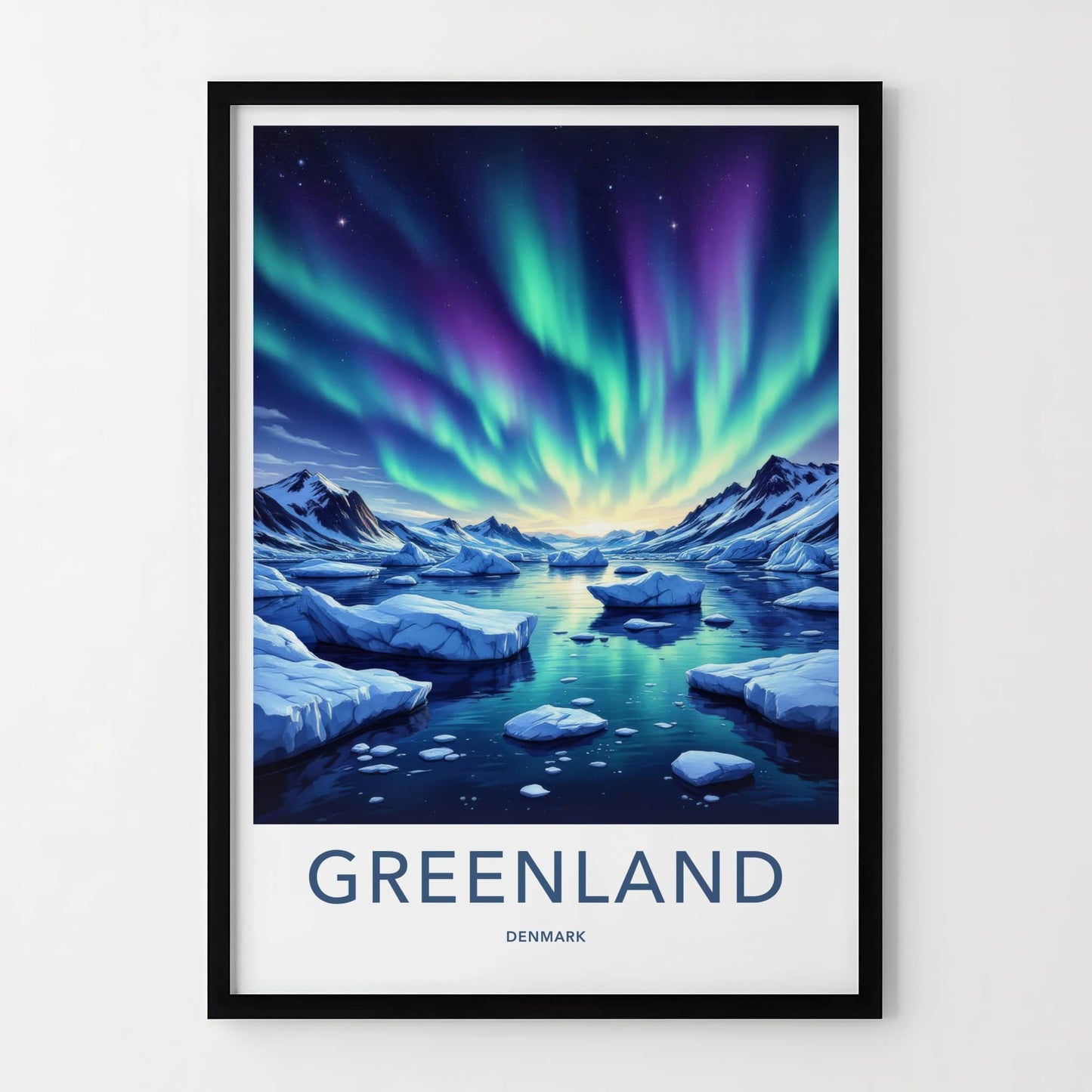 Greenland Poster - Denmark Travel Print - Aurora Iceberg Sky Wall Decor