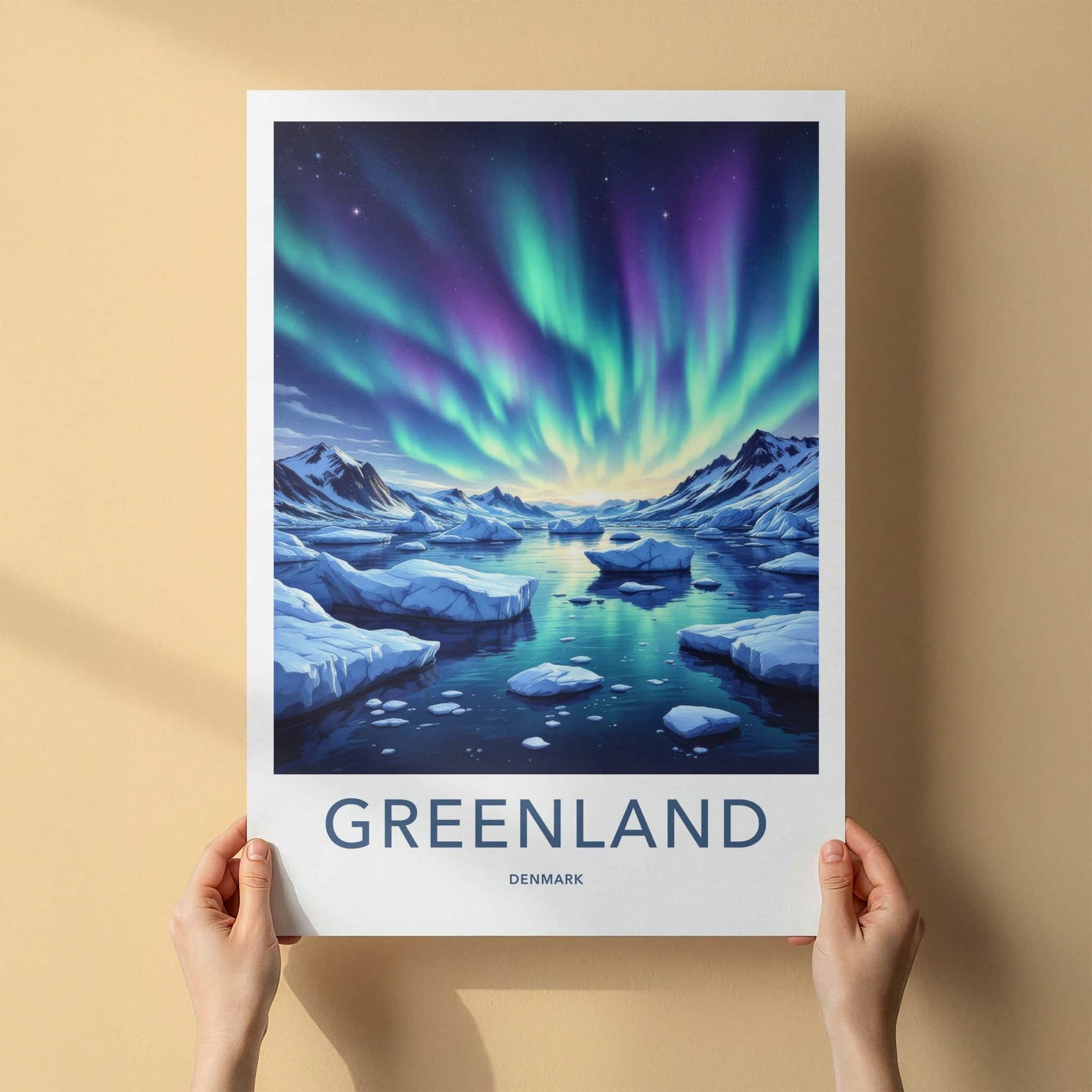 Greenland Poster - Denmark Travel Print - Aurora Iceberg Sky Wall Decor