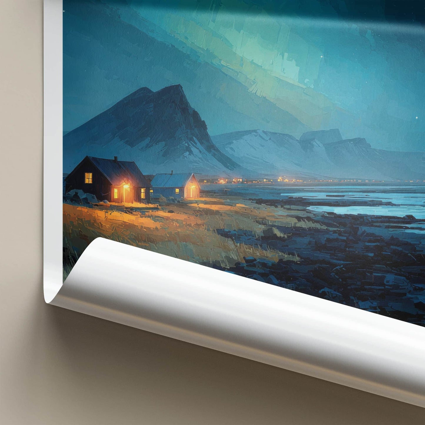 Grindavik Poster - Iceland Travel Art - Coastal Lights Mountains Home Decor