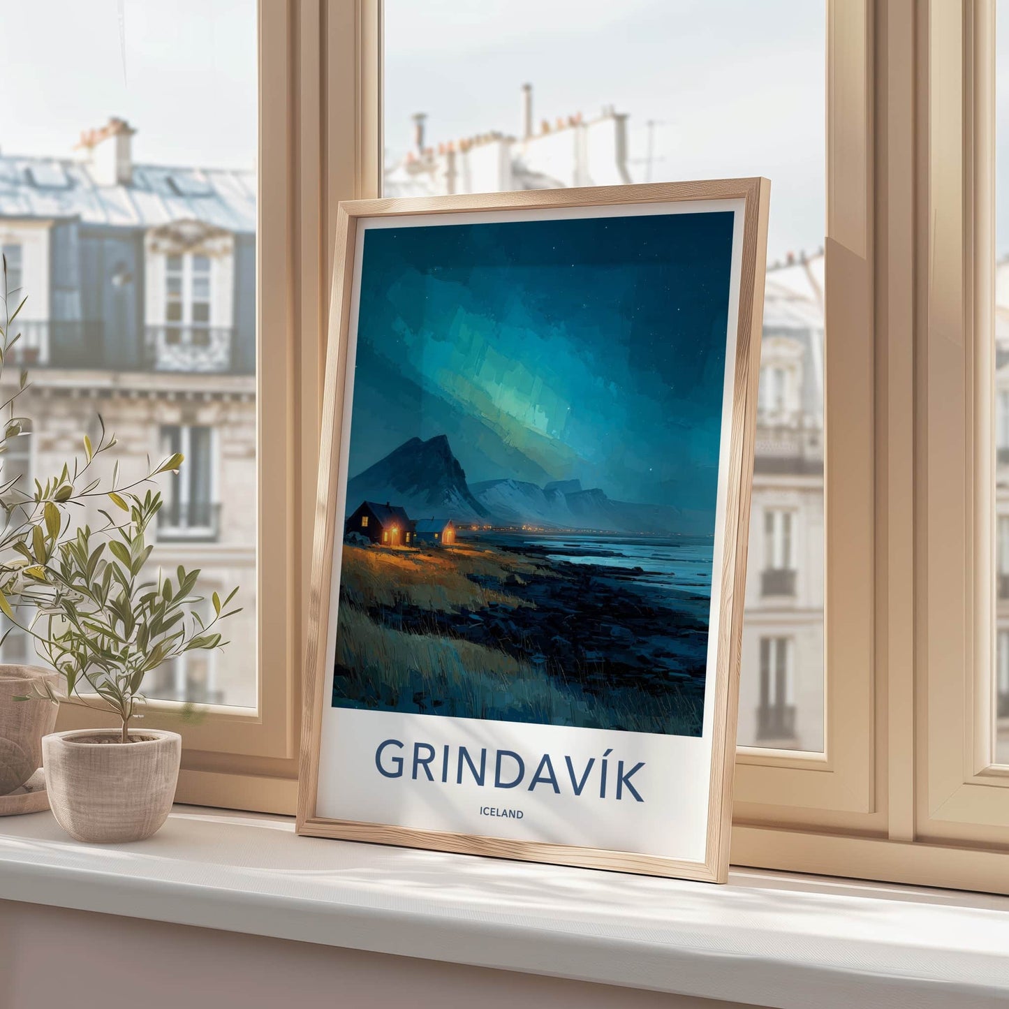 Grindavik Poster - Iceland Travel Art - Coastal Lights Mountains Home Decor